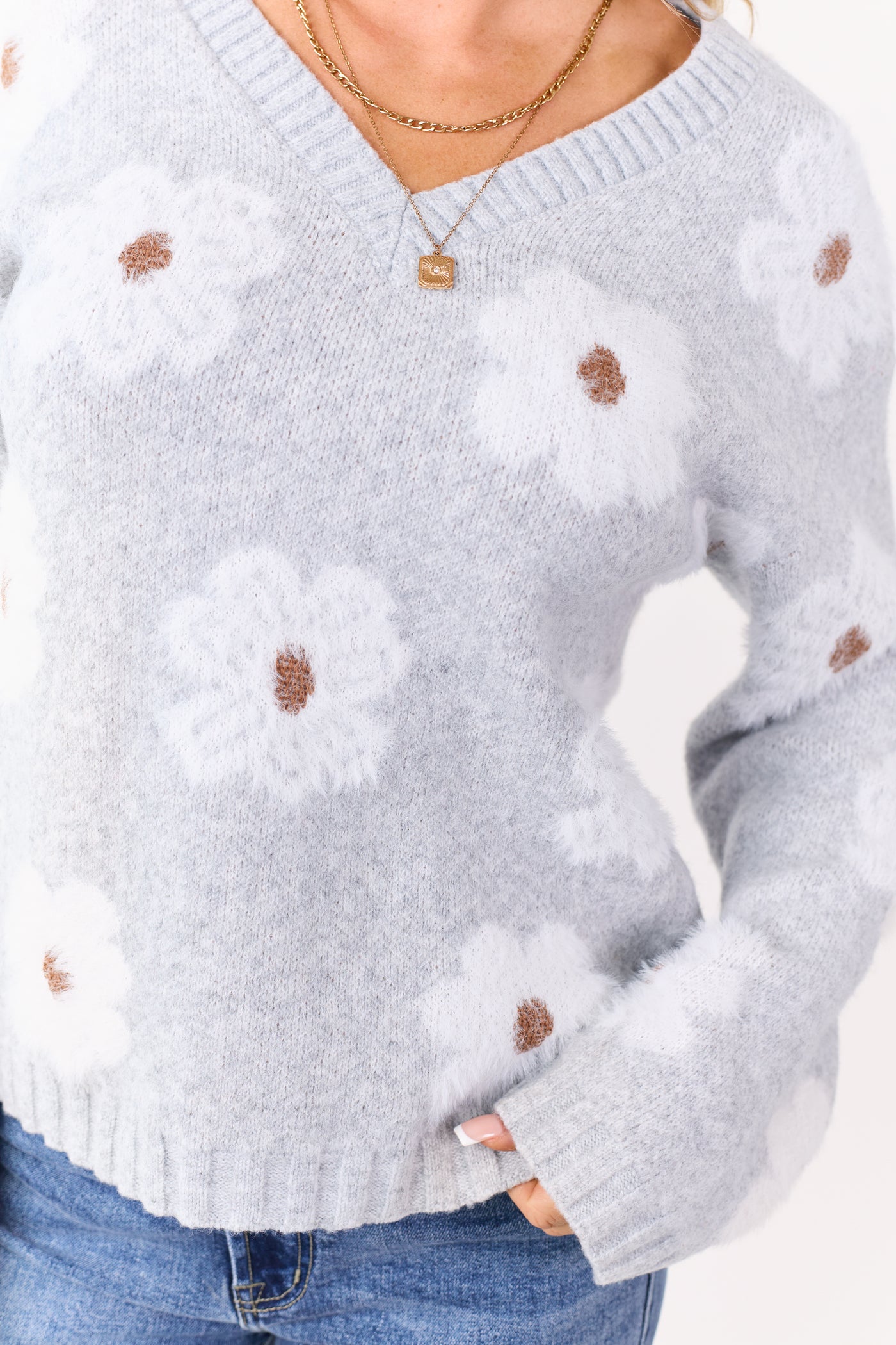 Dove Grey Eyelash Knit Floral Pattern V-Neck Sweater