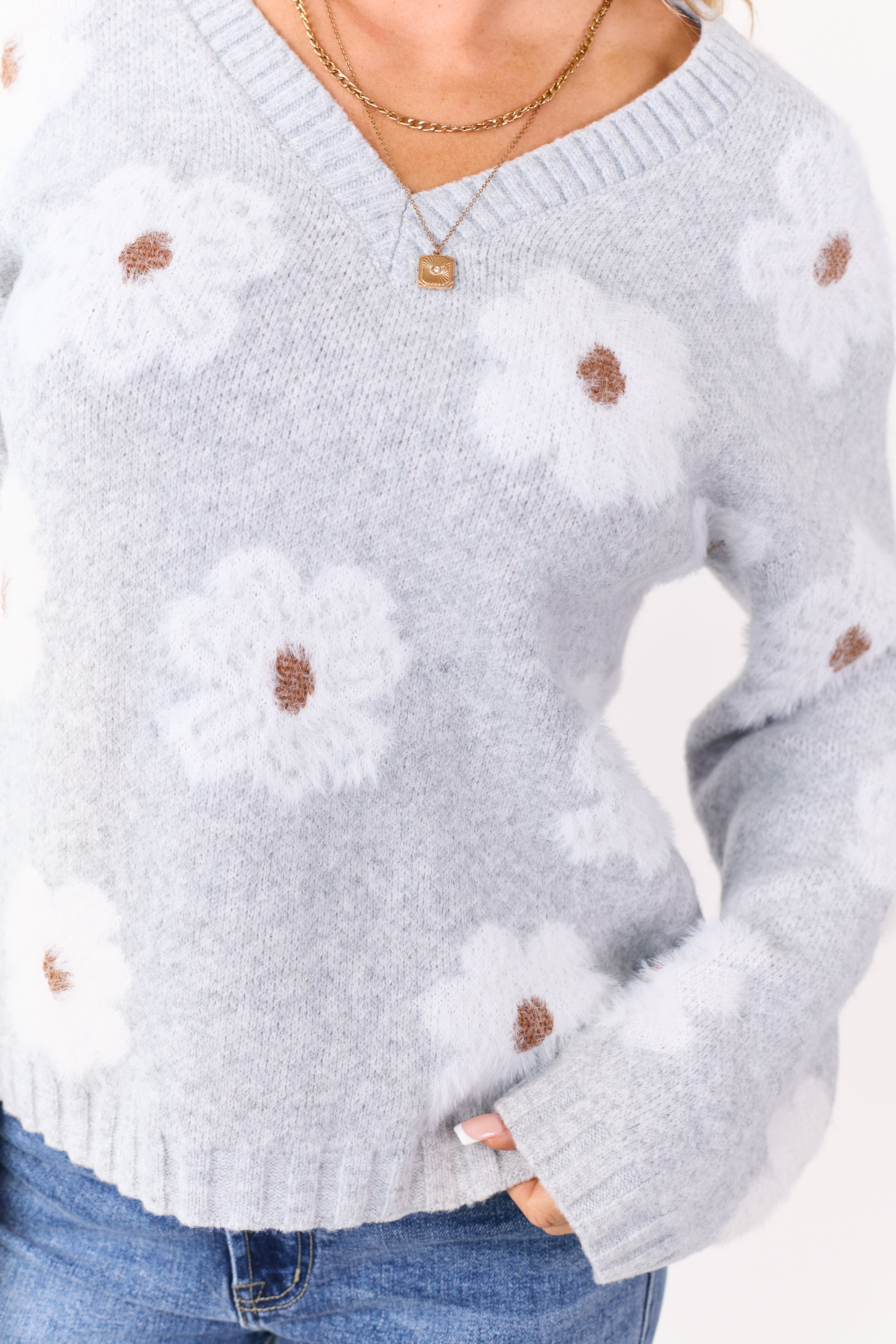 Dove Grey Eyelash Knit Floral Pattern V-Neck Sweater