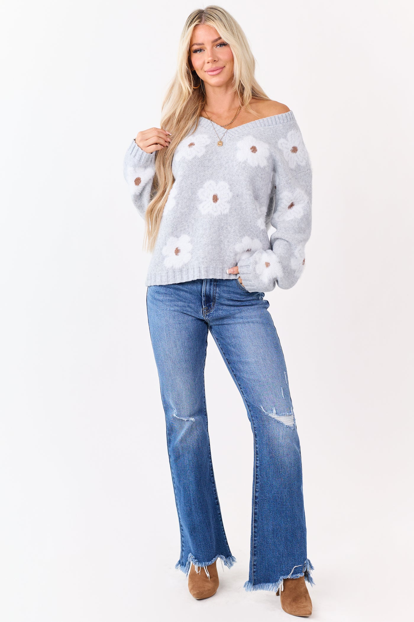 Dove Grey Eyelash Knit Floral Pattern V-Neck Sweater