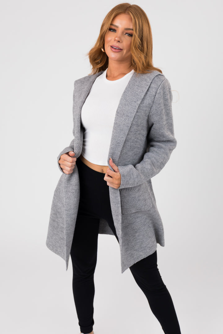 Dove Grey Hooded Open Front Sweater Cardigan