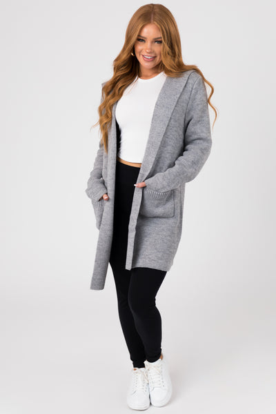 Dove Grey Hooded Open Front Sweater Cardigan