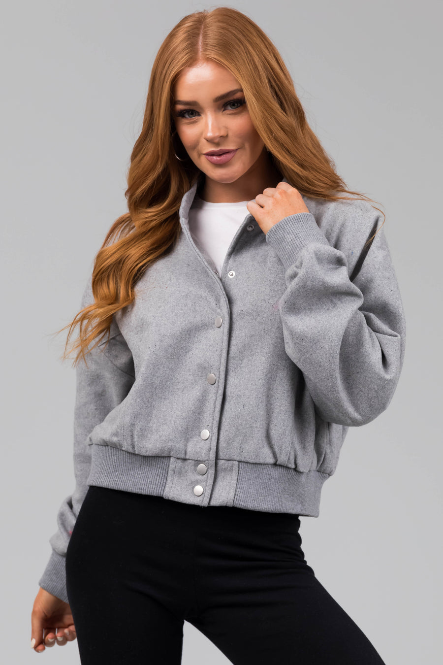 Dove Grey Long Sleeve Snap Button Down Jacket