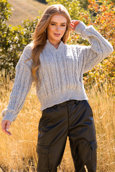 Dove Grey Notch Neck Cable Knit Sweater