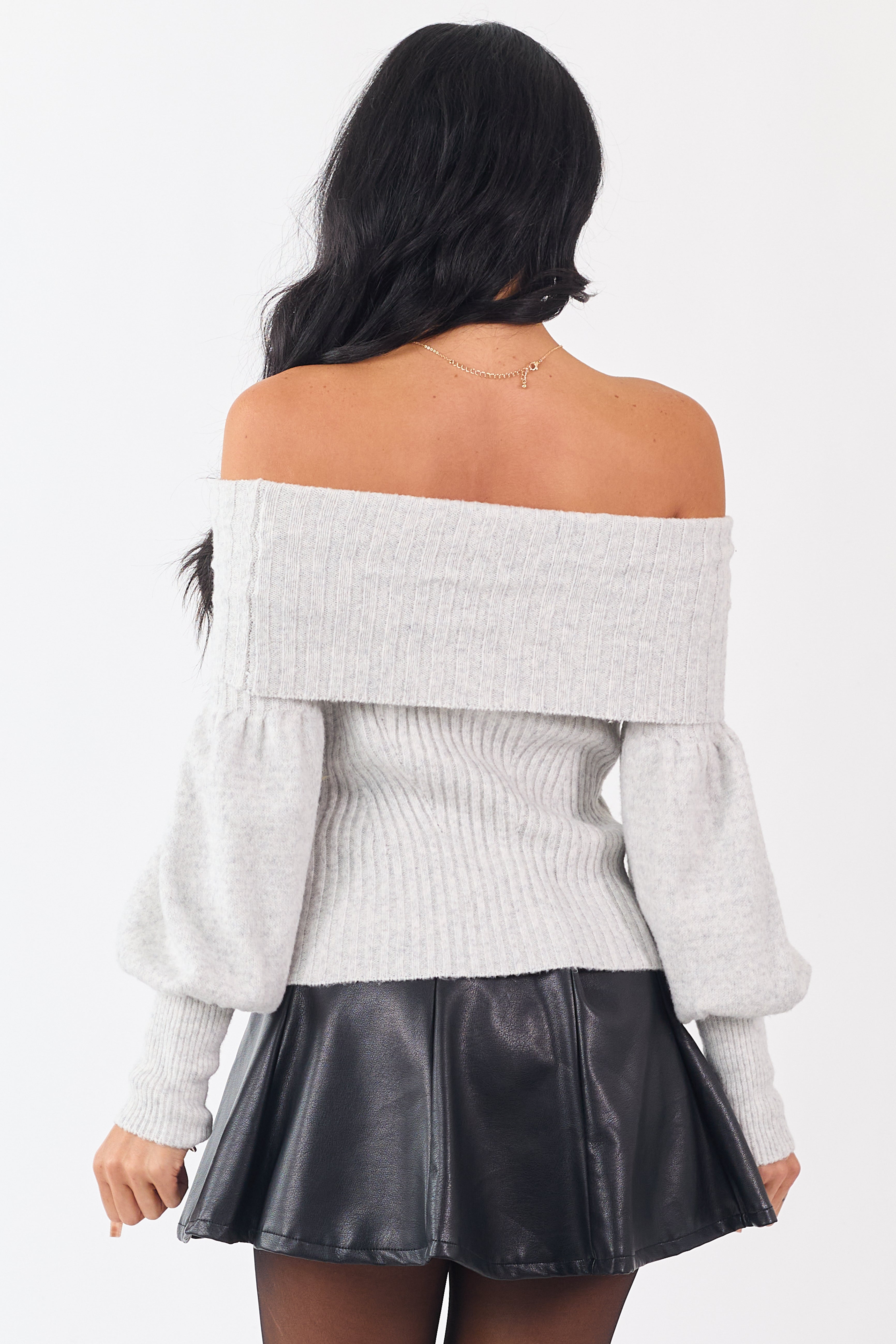 Dove Grey Off Shoulder Long Puff Sleeve Sweater