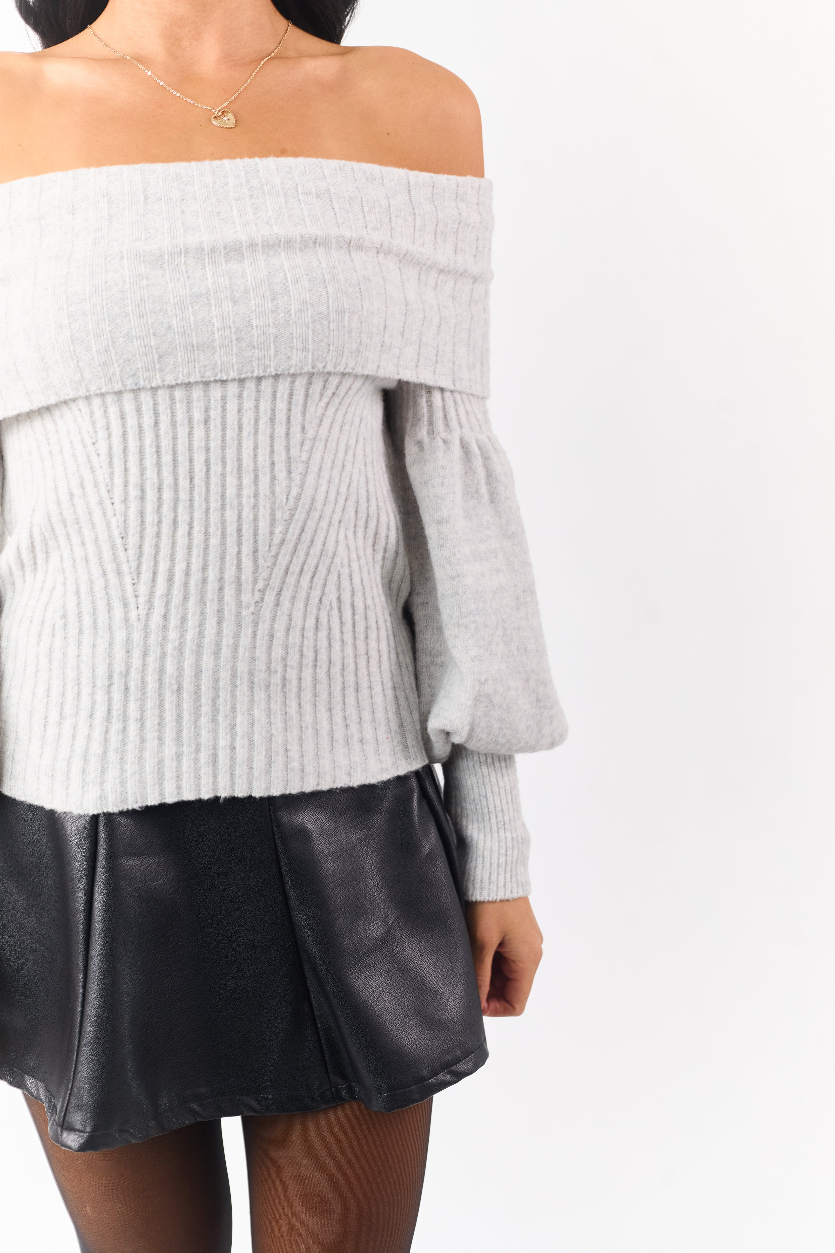 Dove Grey Off Shoulder Long Puff Sleeve Sweater