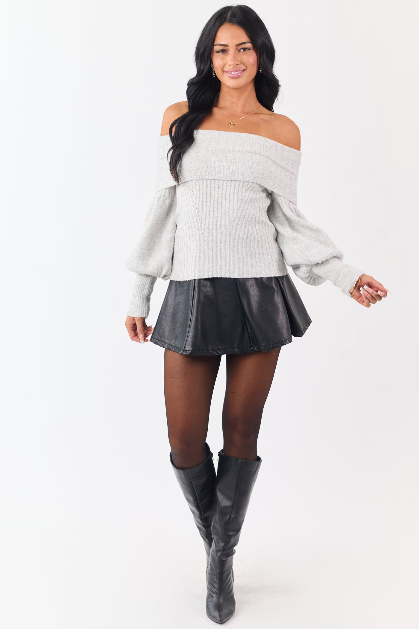 Dove Grey Off Shoulder Long Puff Sleeve Sweater