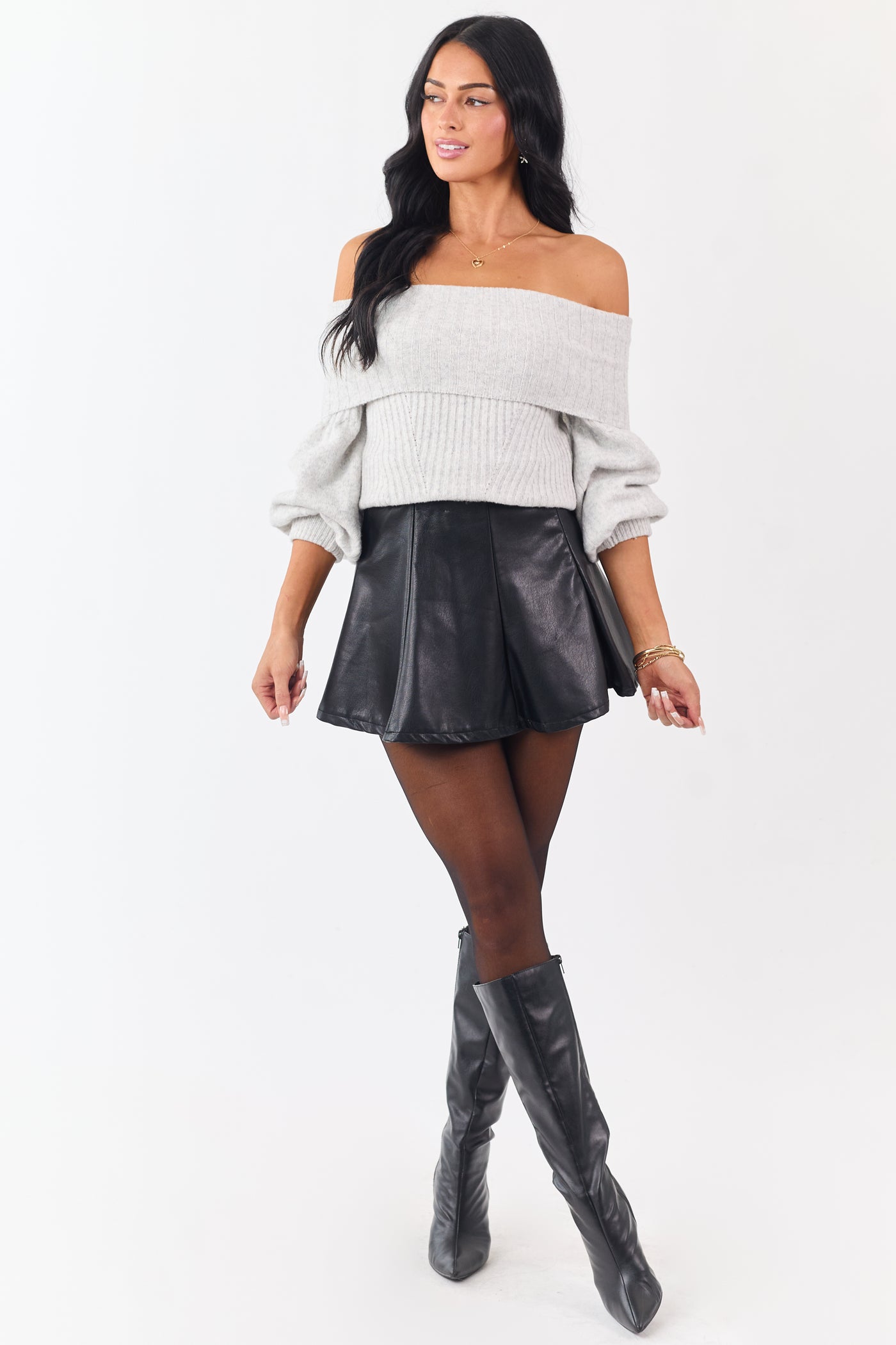 Dove Grey Off Shoulder Long Puff Sleeve Sweater
