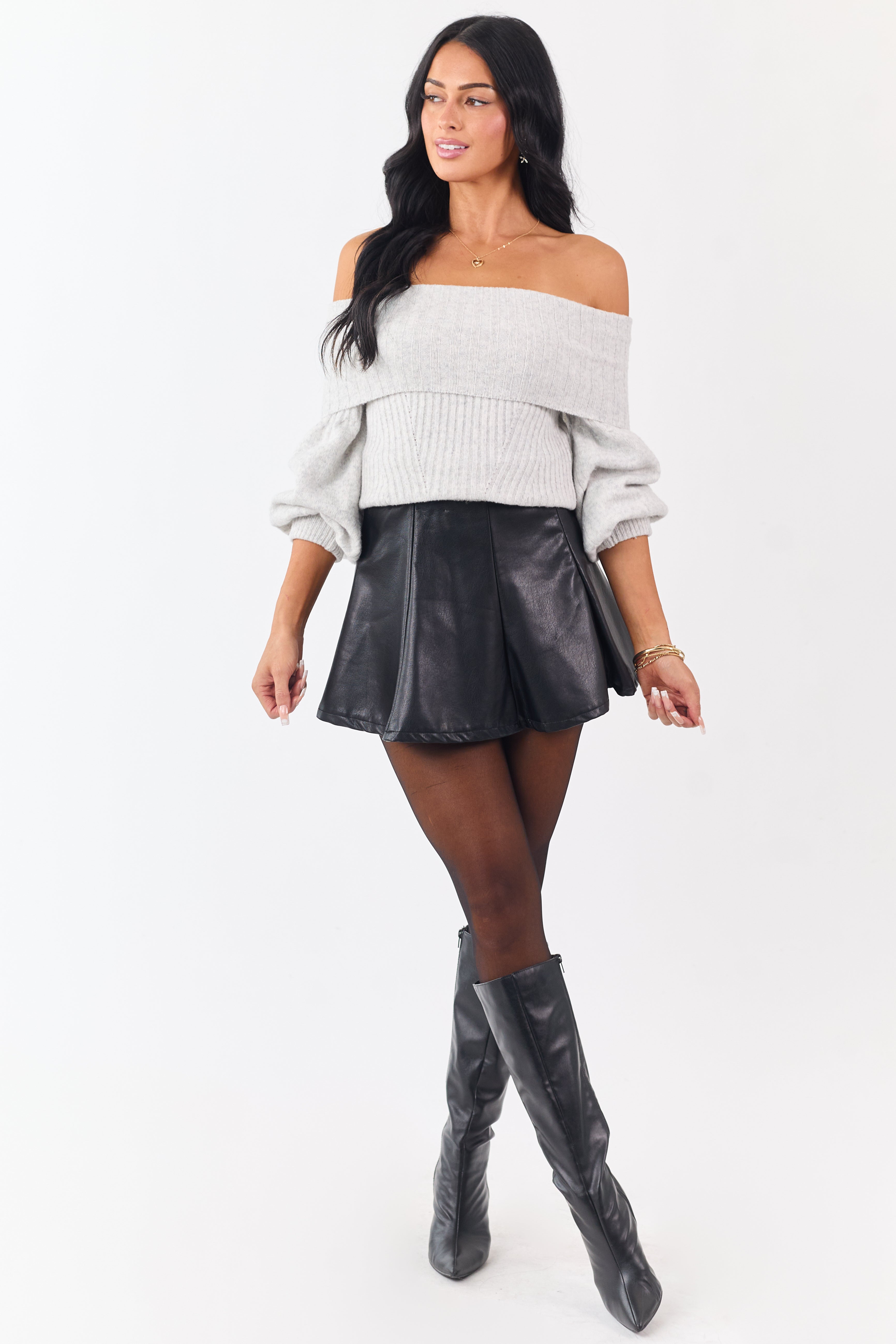 Dove Grey Off Shoulder Long Puff Sleeve Sweater