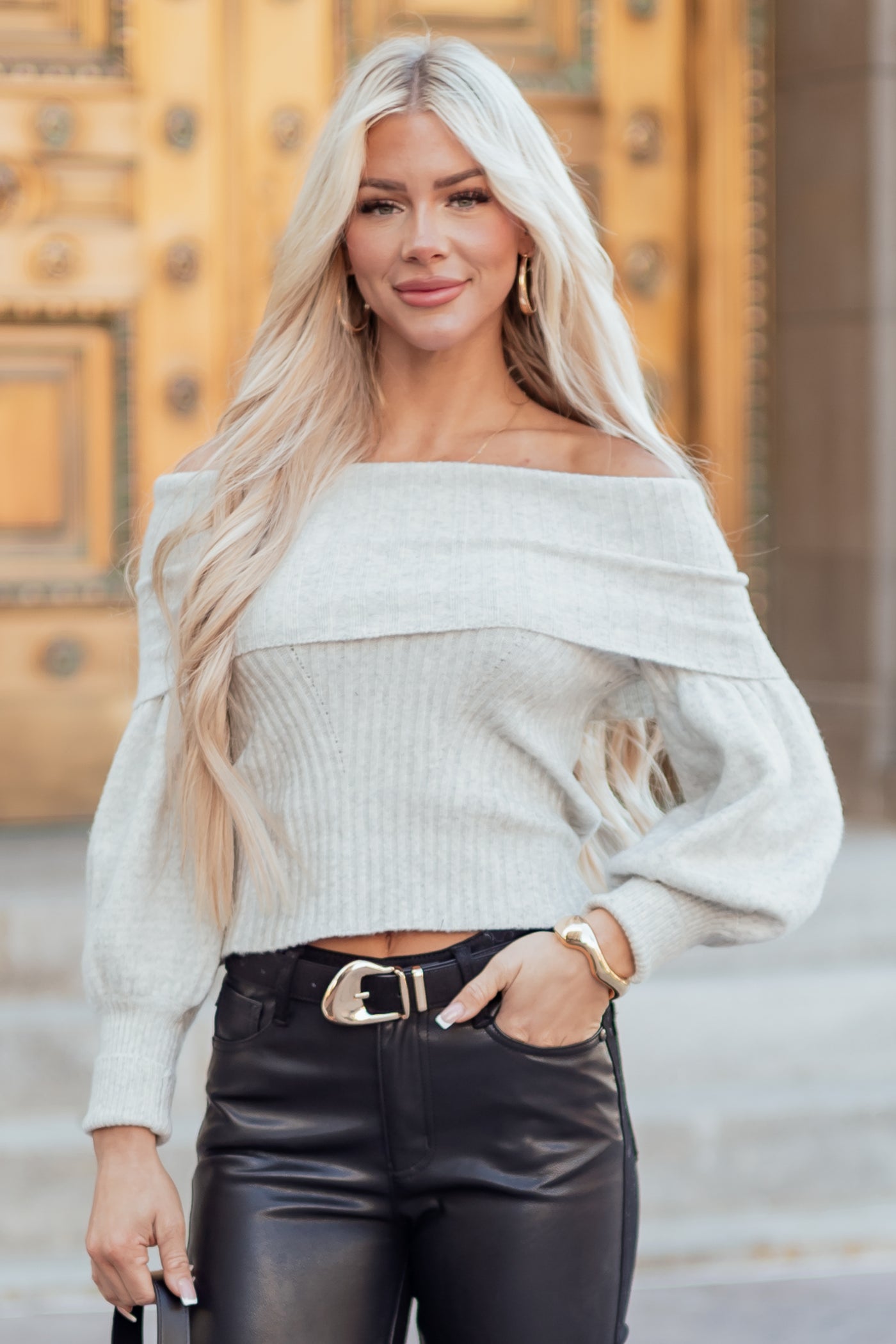 Dove Grey Off Shoulder Long Puff Sleeve Sweater