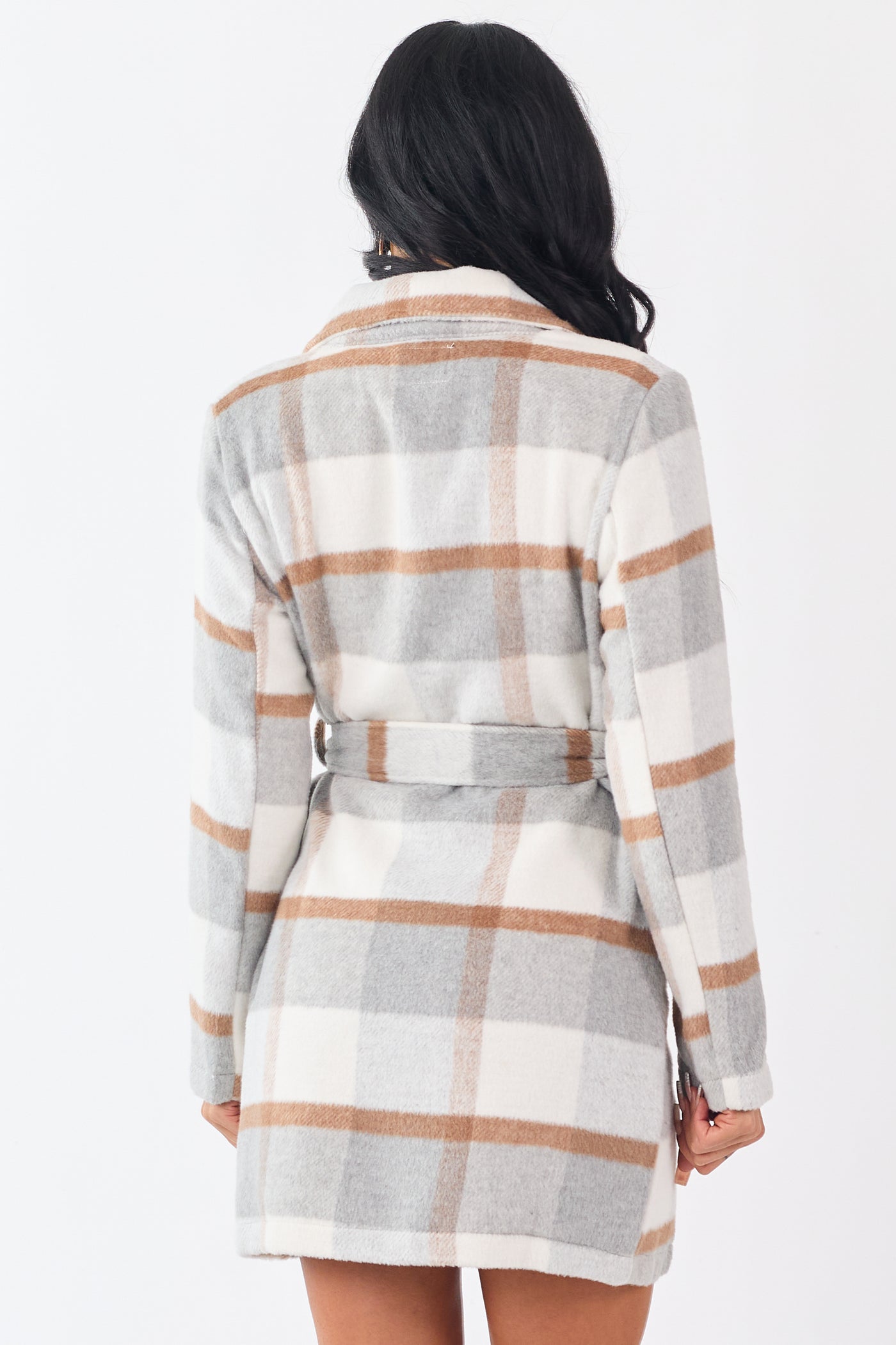Dove Grey Open Front Plaid Waist Tie Jacket