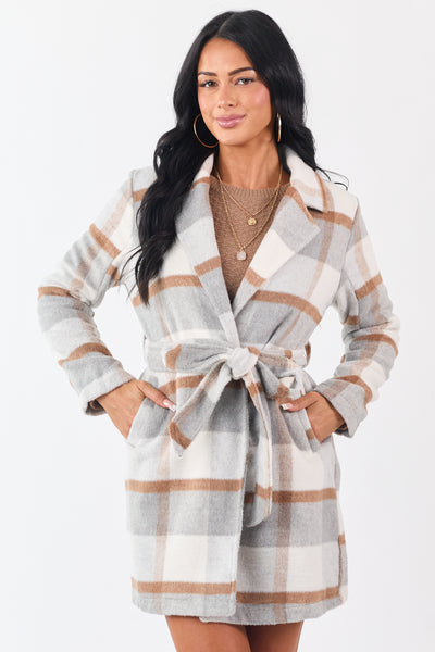 Dove Grey Open Front Plaid Waist Tie Jacket