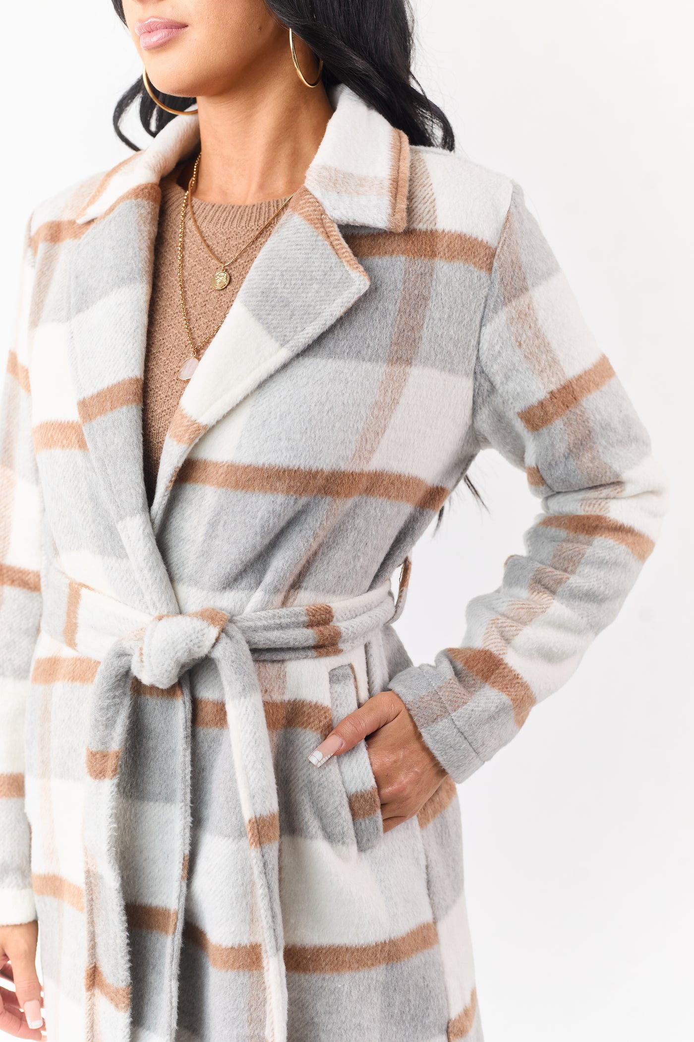 Dove Grey Open Front Plaid Waist Tie Jacket