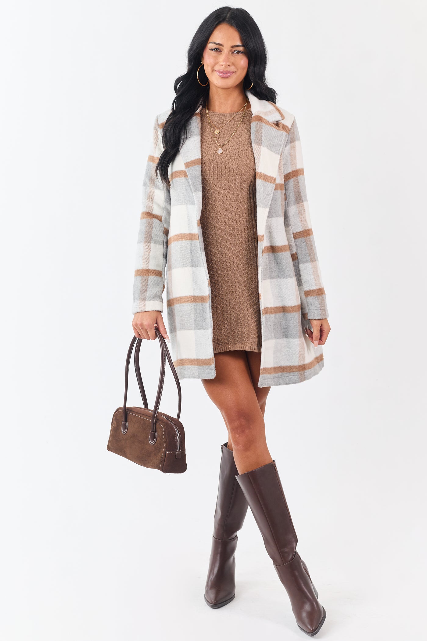 Dove Grey Open Front Plaid Waist Tie Jacket