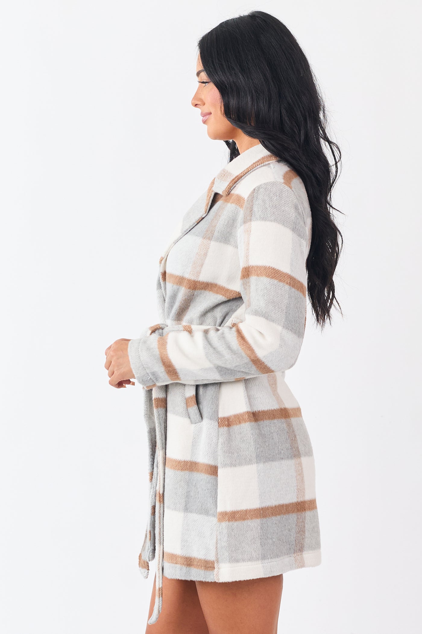 Dove Grey Open Front Plaid Waist Tie Jacket