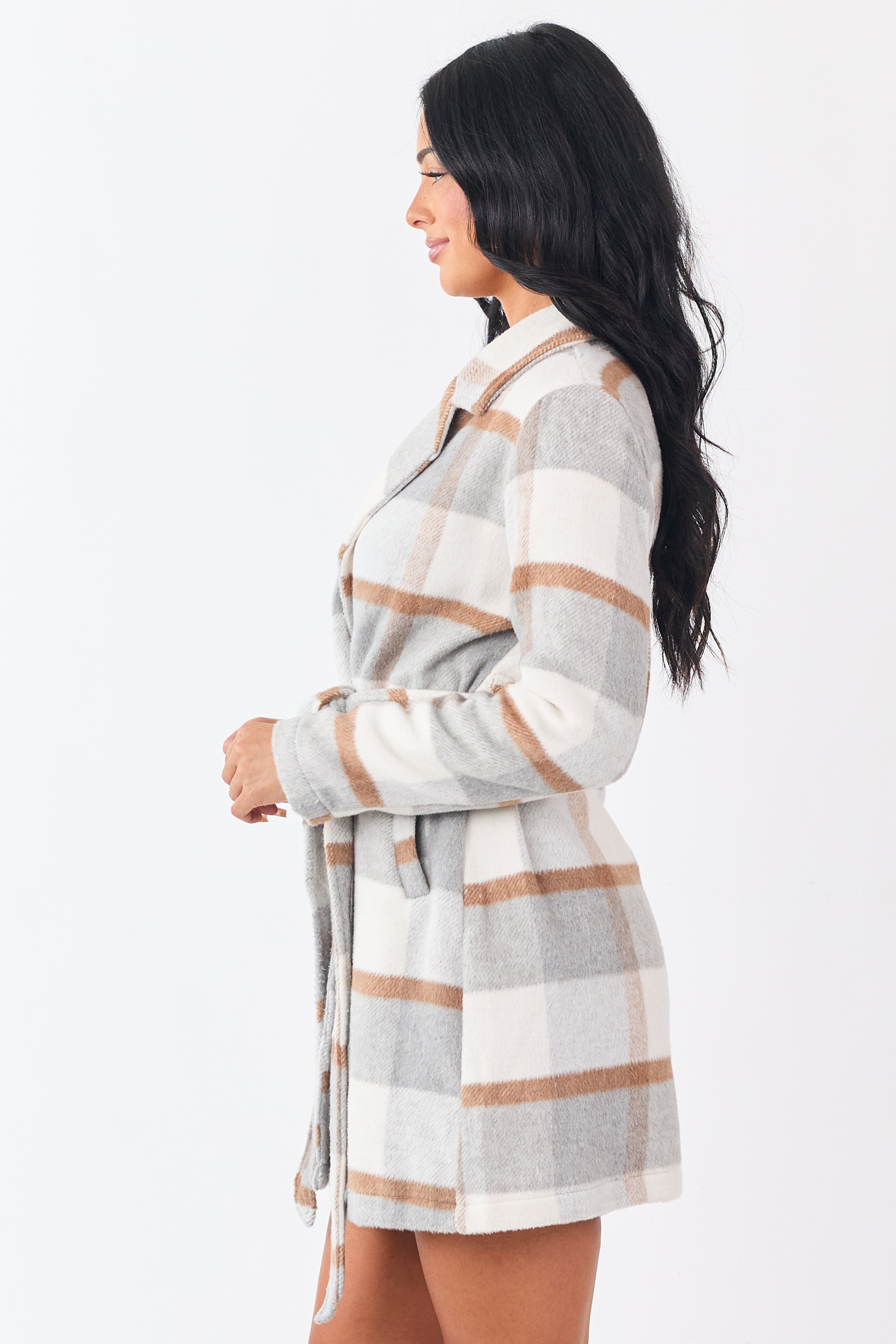 Dove Grey Open Front Plaid Waist Tie Jacket