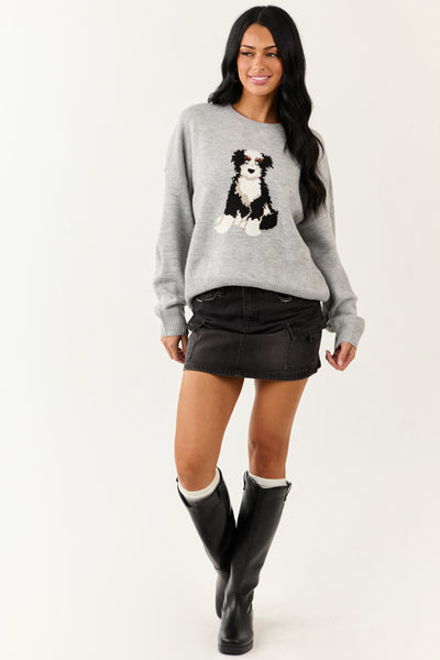 Dove Grey Puppy Graphic Soft Knit Sweater