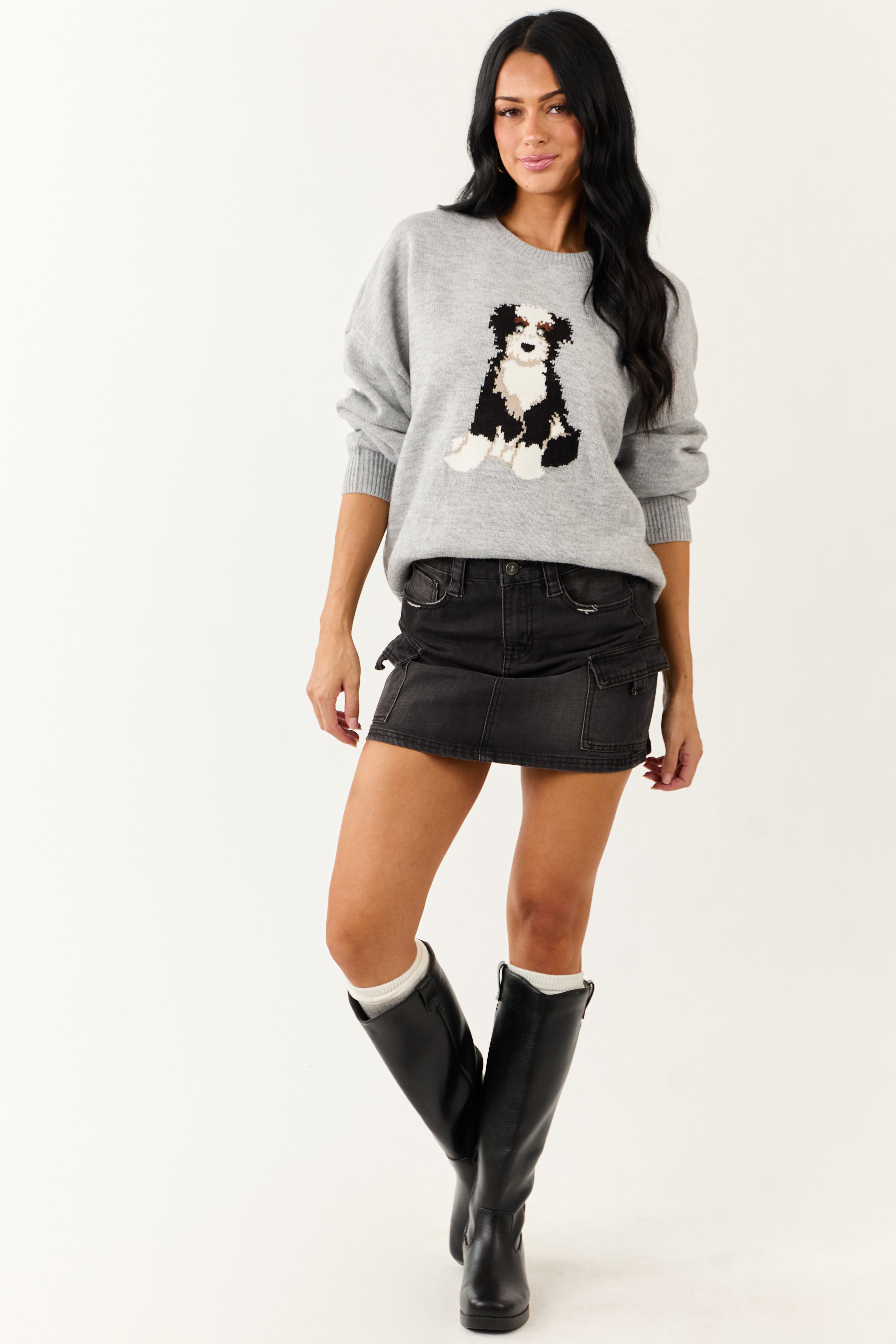 Dove Grey Puppy Graphic Soft Knit Sweater
