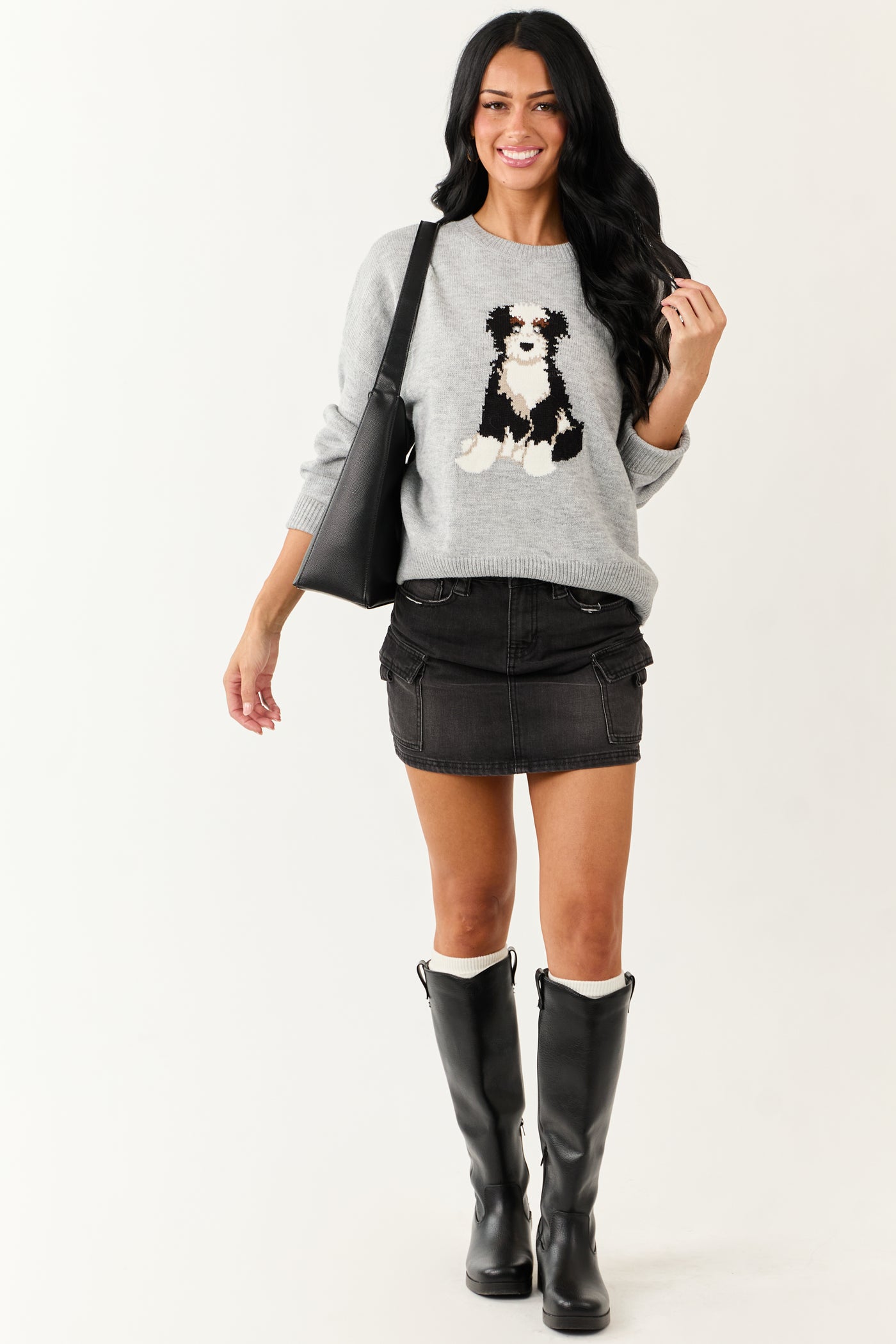 Dove Grey Puppy Graphic Soft Knit Sweater
