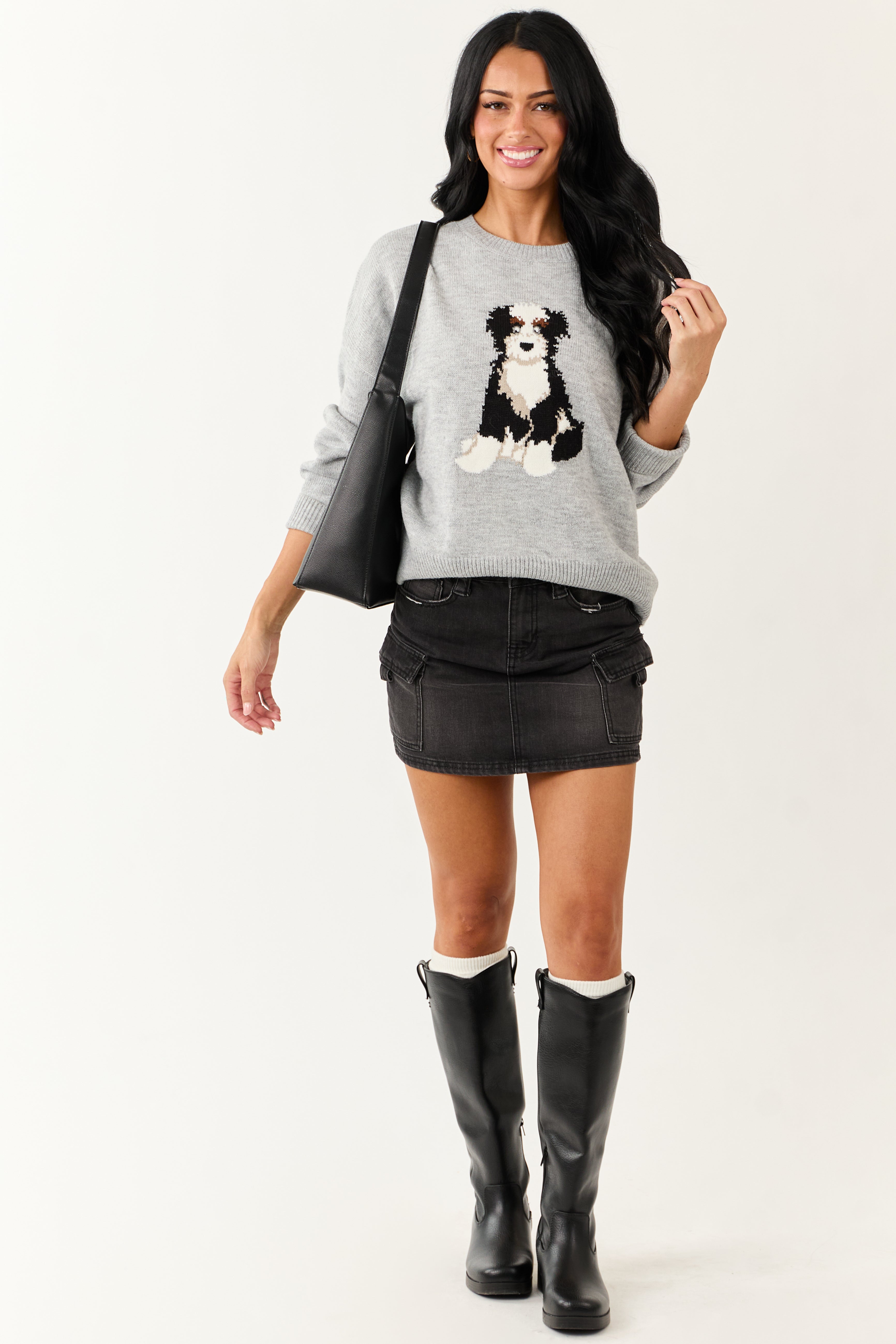 Dove Grey Puppy Graphic Soft Knit Sweater