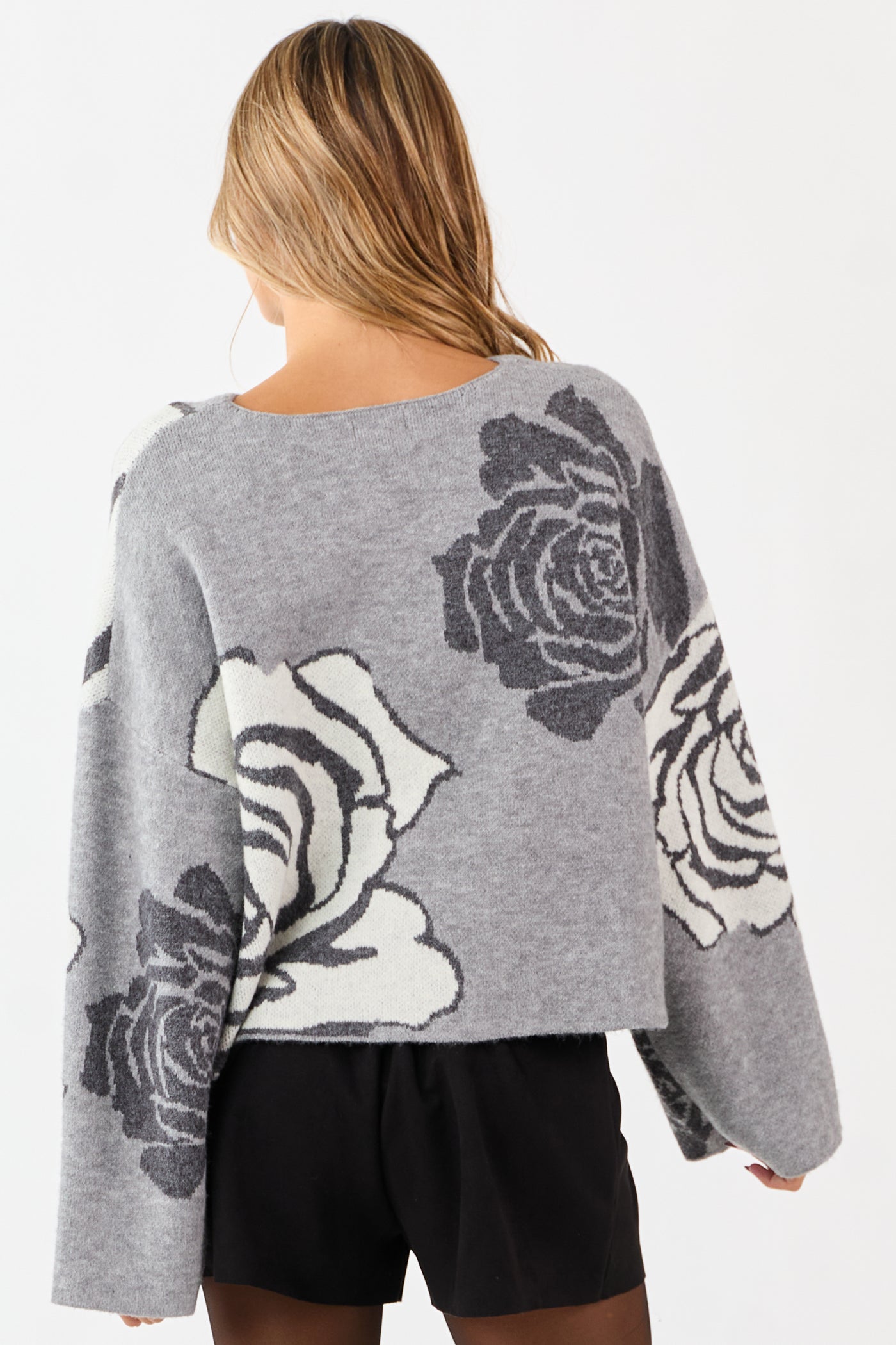 Dove Grey Rose Jacquard Knit Wide Sleeve Sweater