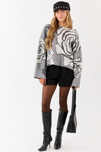 Dove Grey Rose Jacquard Knit Wide Sleeve Sweater