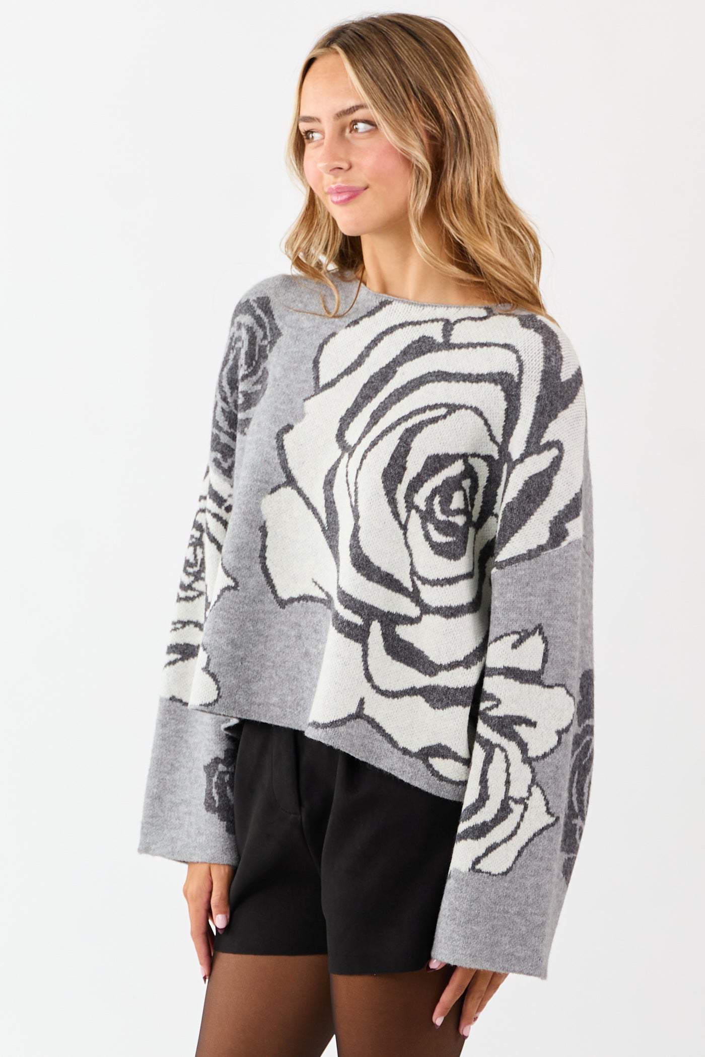 Dove Grey Rose Jacquard Knit Wide Sleeve Sweater