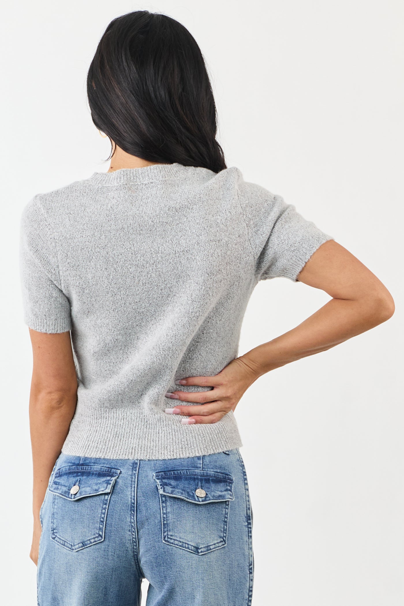 Dove Grey Short Sleeve Mid Length Knit Sweater Top