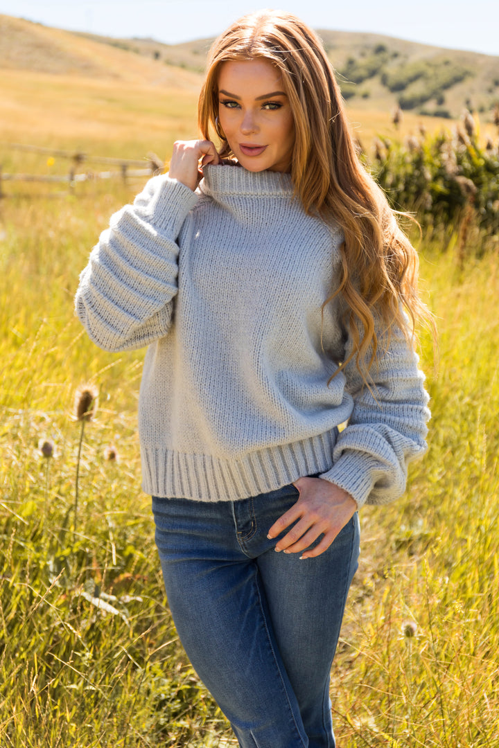 Dove Grey Textured Sleeve Thick Cozy Sweater