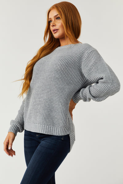 Dove Grey Thick Waffle Knit Curved Hem Sweater