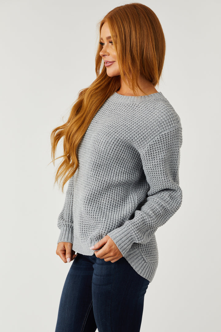Dove Grey Thick Waffle Knit Curved Hem Sweater