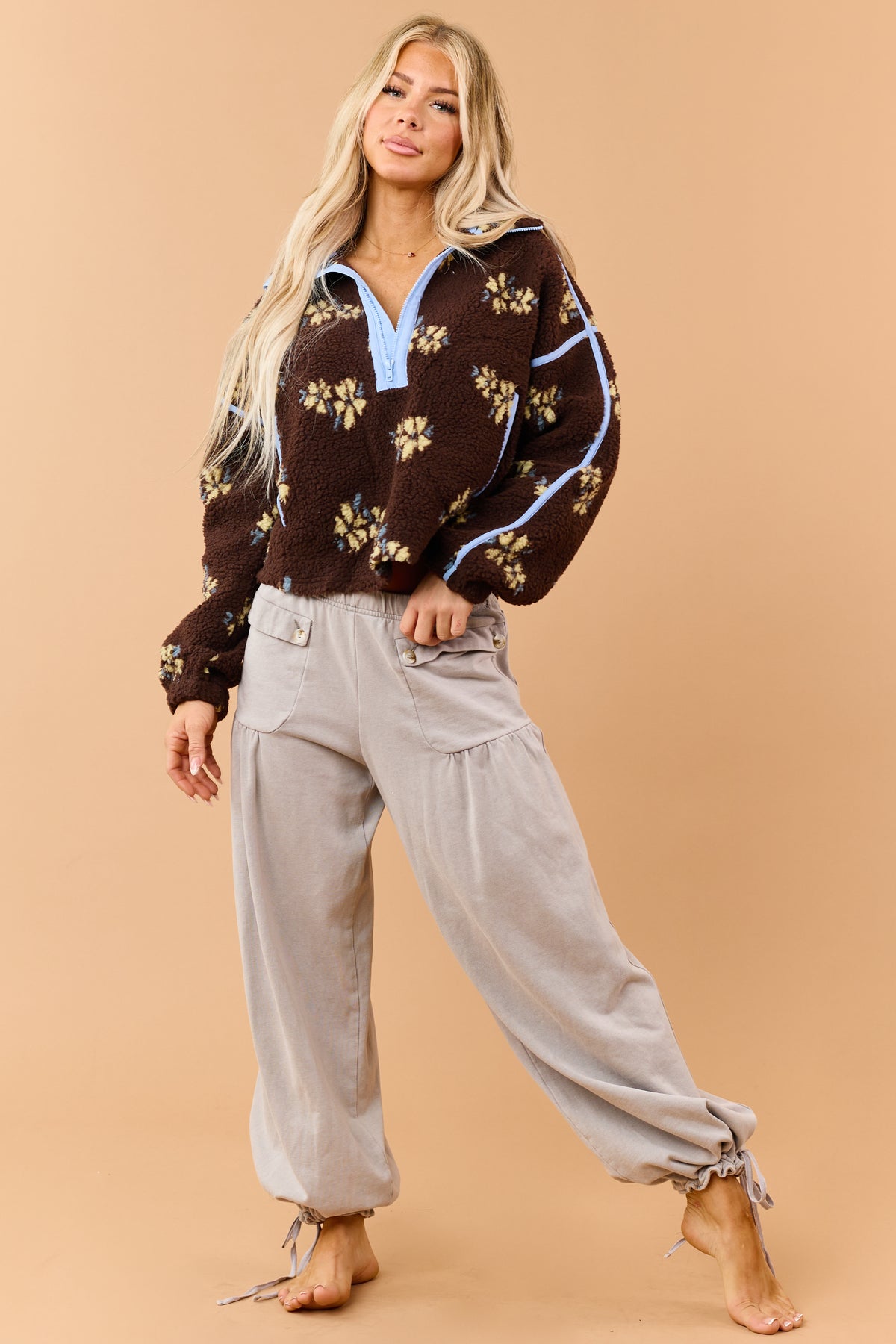 Dove Grey Wide Leg Cinch Hem Relaxed Cotton Pants