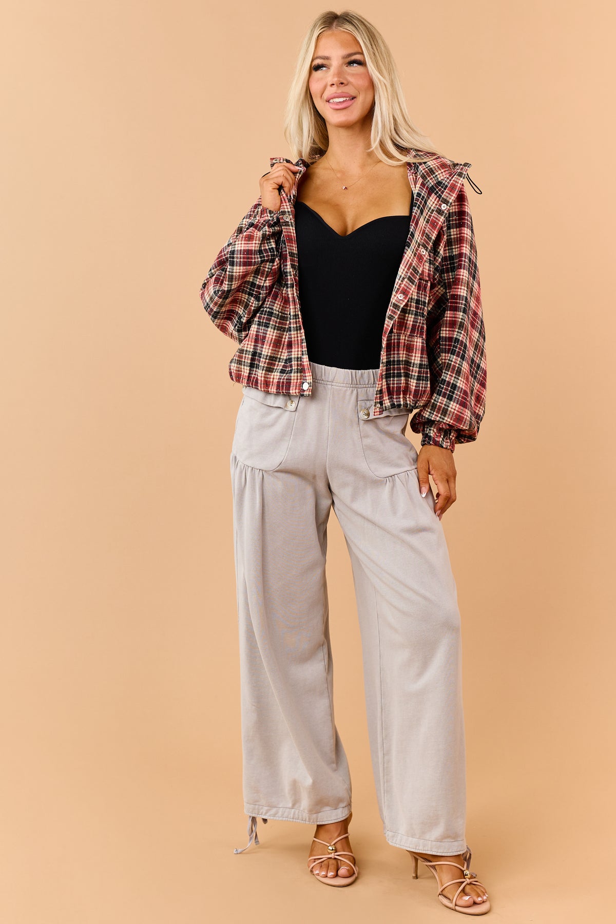 Dove Grey Wide Leg Cinch Hem Relaxed Cotton Pants