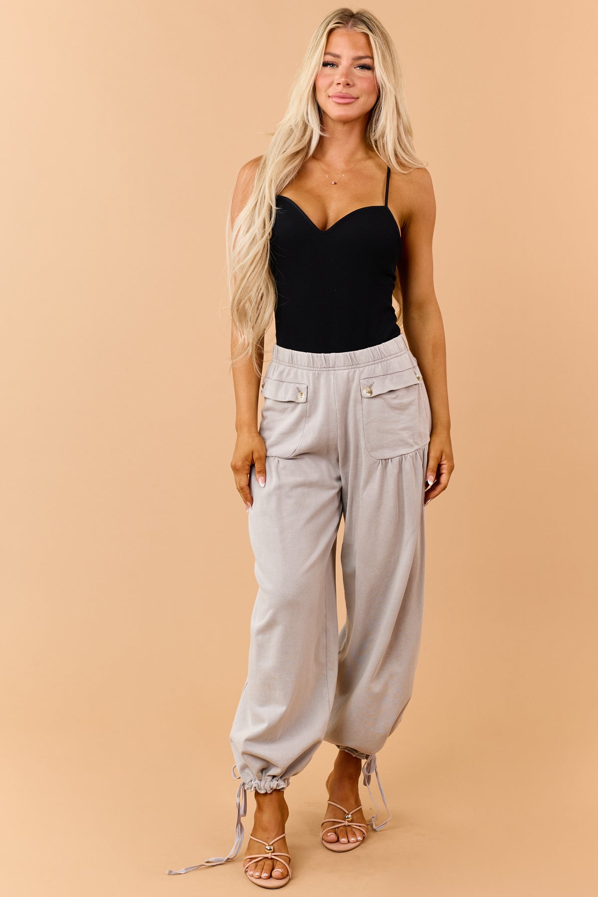 Dove Grey Wide Leg Cinch Hem Relaxed Cotton Pants
