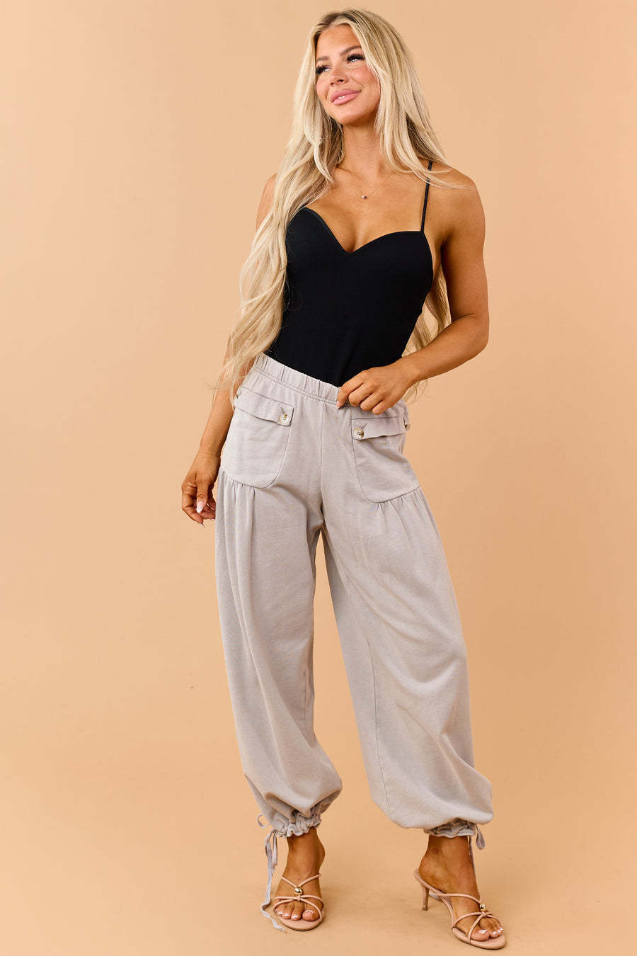 Dove Grey Wide Leg Cinch Hem Relaxed Cotton Pants