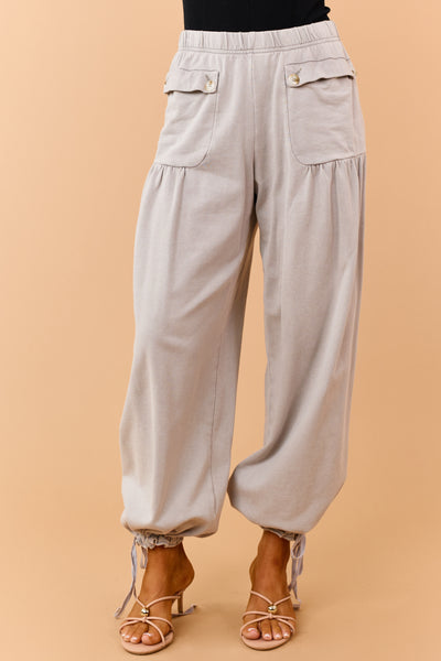 Dove Grey Wide Leg Cinch Hem Relaxed Cotton Pants