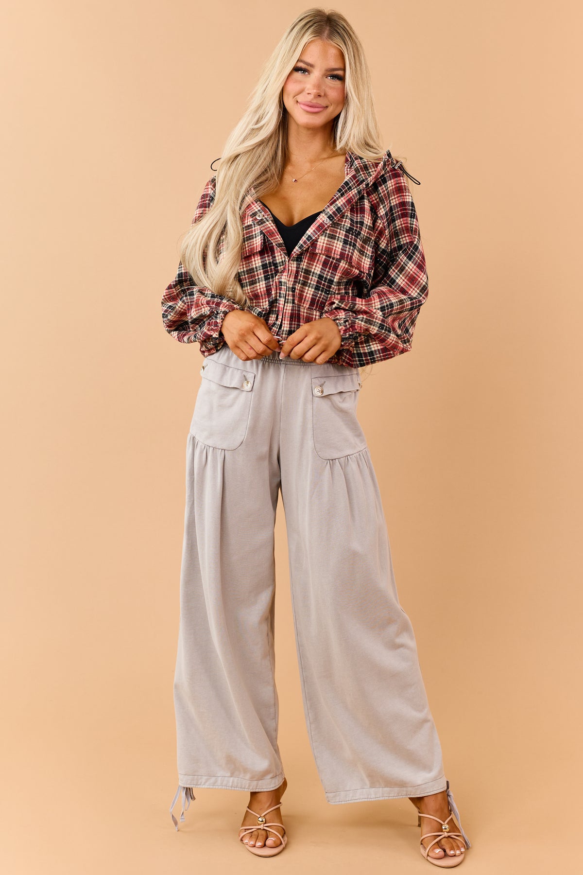 Dove Grey Wide Leg Cinch Hem Relaxed Cotton Pants