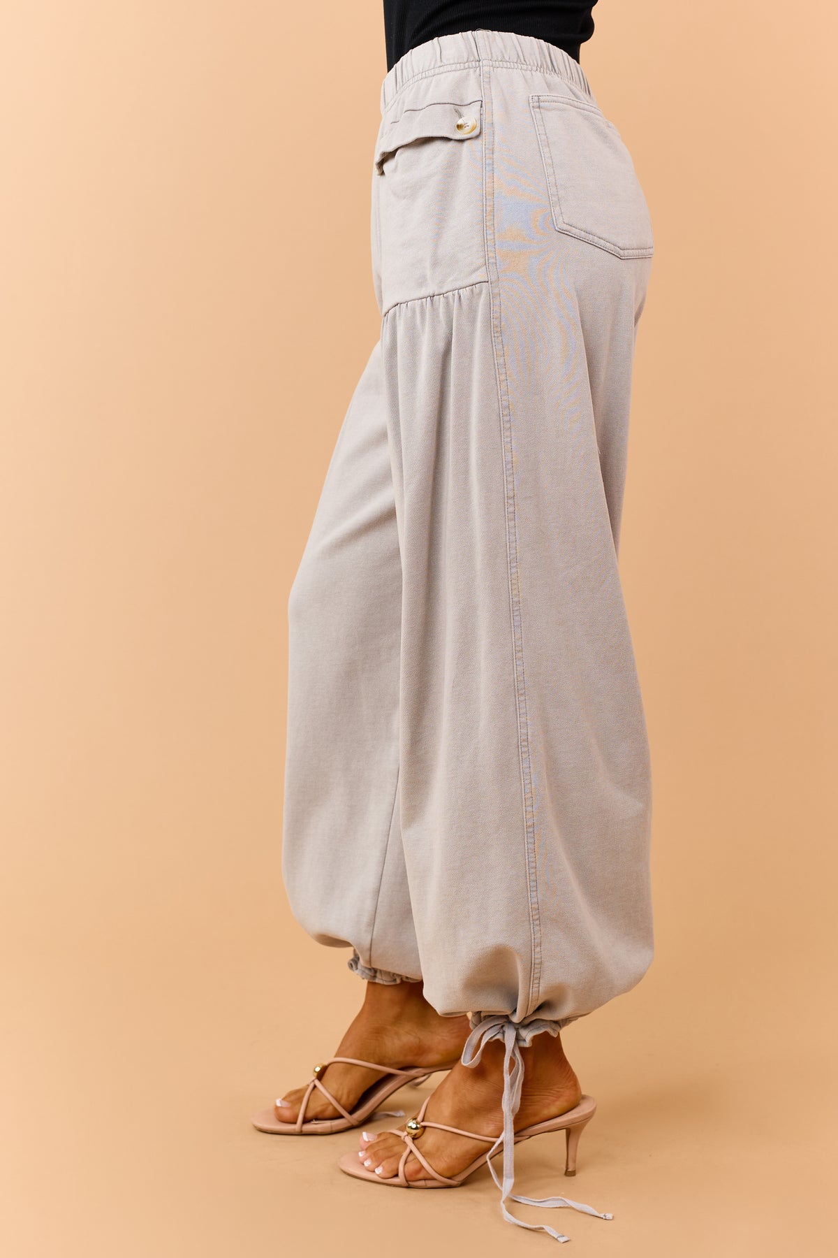 Dove Grey Wide Leg Cinch Hem Relaxed Cotton Pants