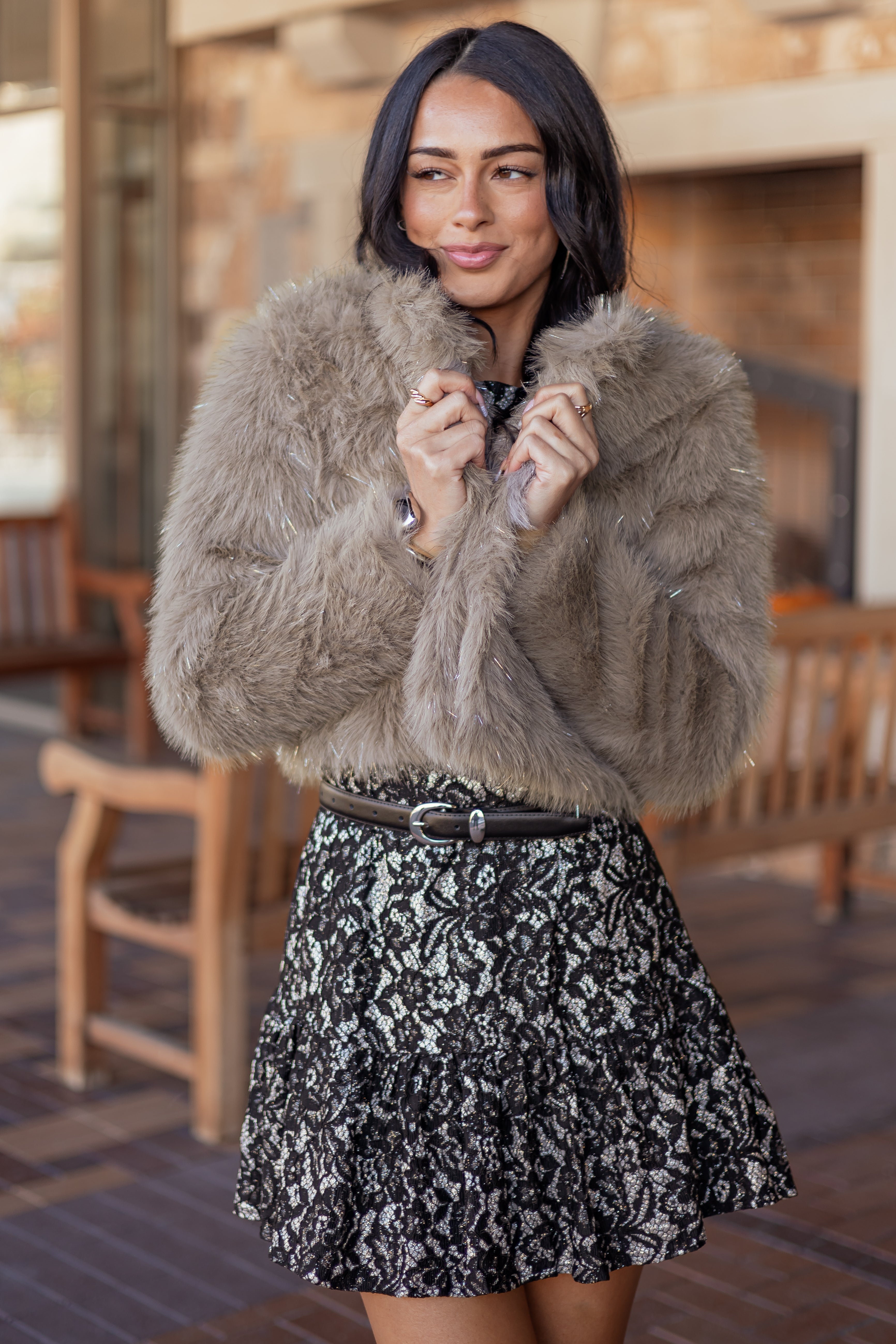 Dove Grey Faux Fur Tinsel Blend Cropped Jacket | Lime Lush Boutique