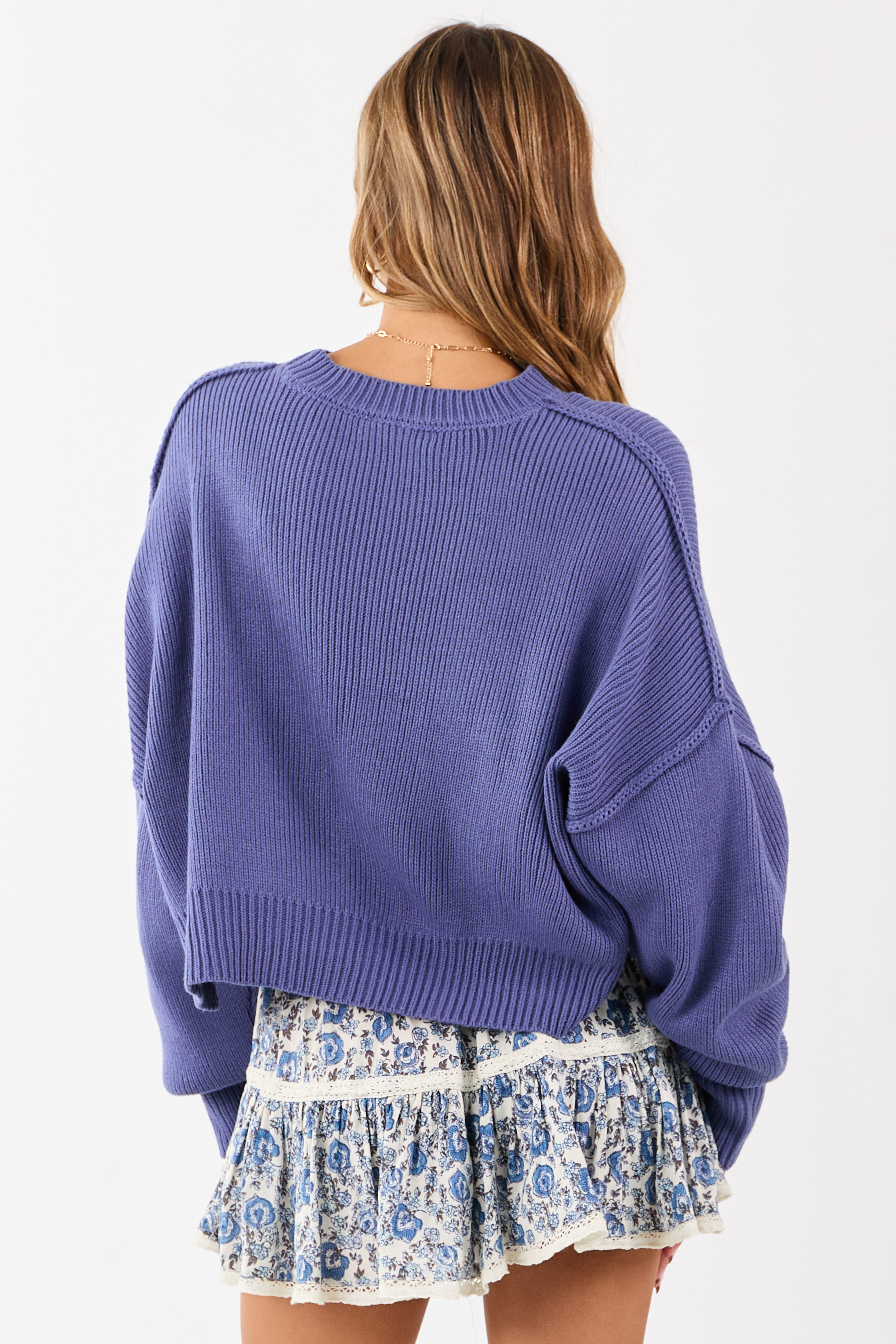 Dusty Blue Boxy Drop Shoulder Crop Rib Knit Sweater
