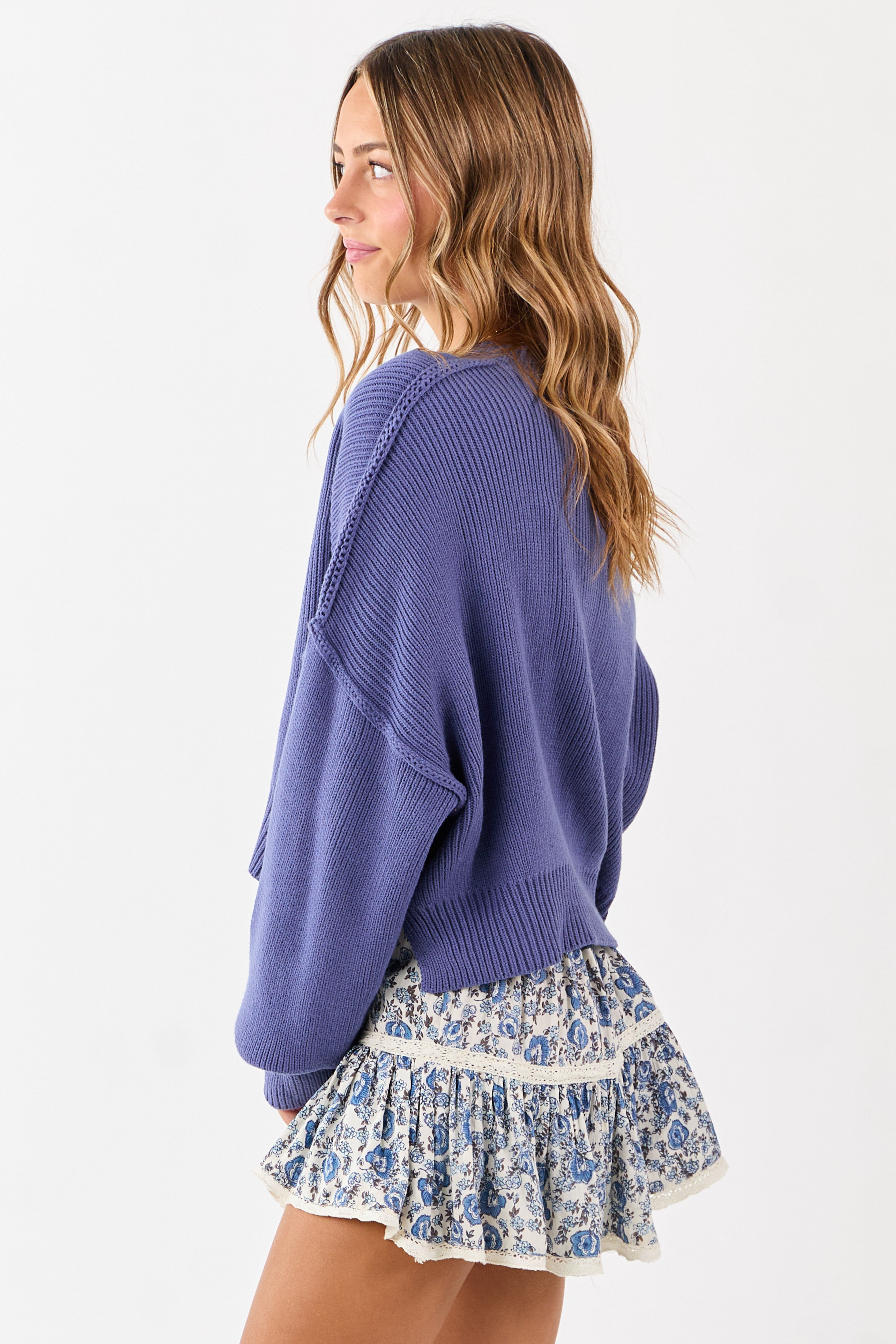 Dusty Blue Boxy Drop Shoulder Crop Rib Knit Sweater