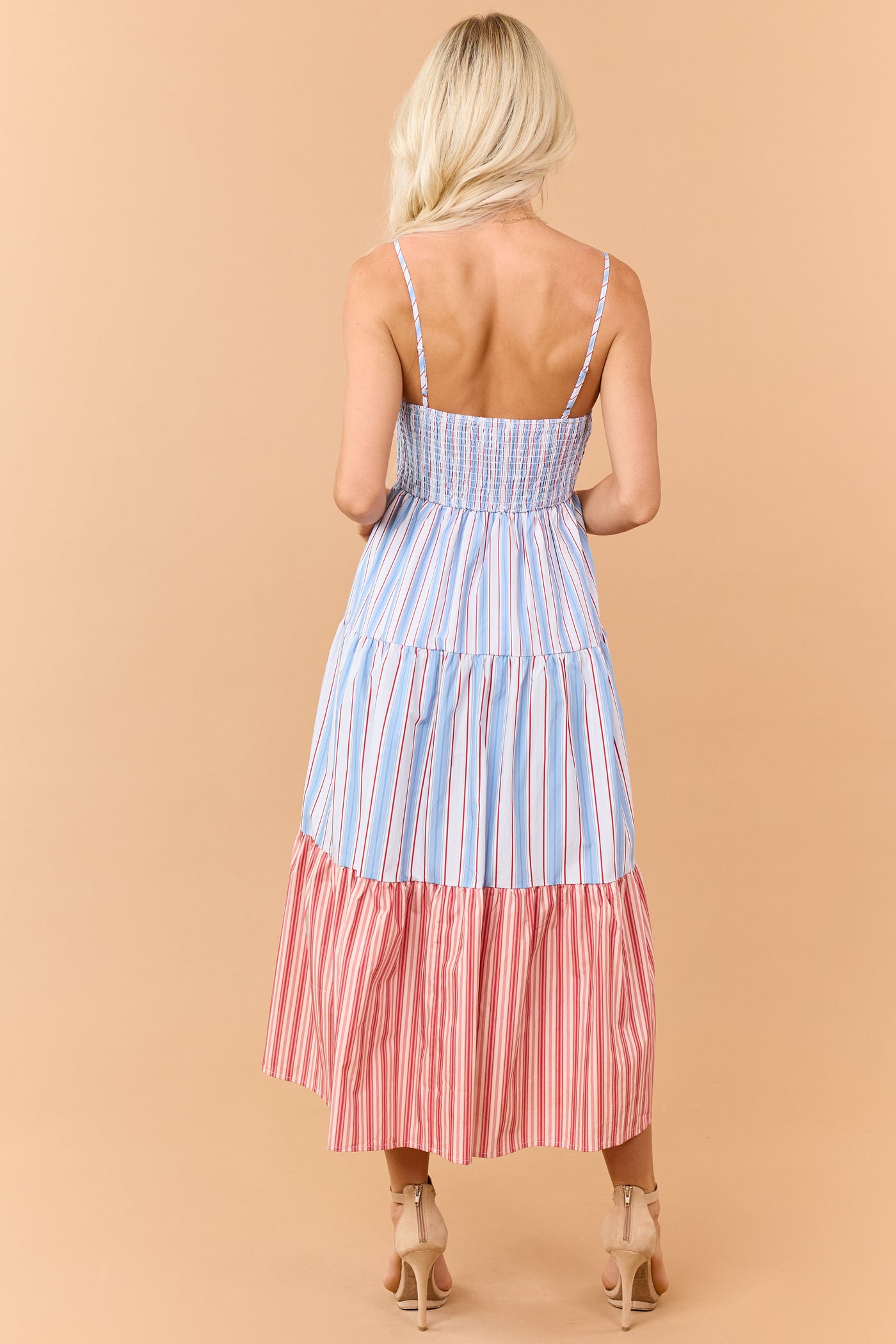 Dusty Blue Contrast Striped V Neck Cotton Midi Dress