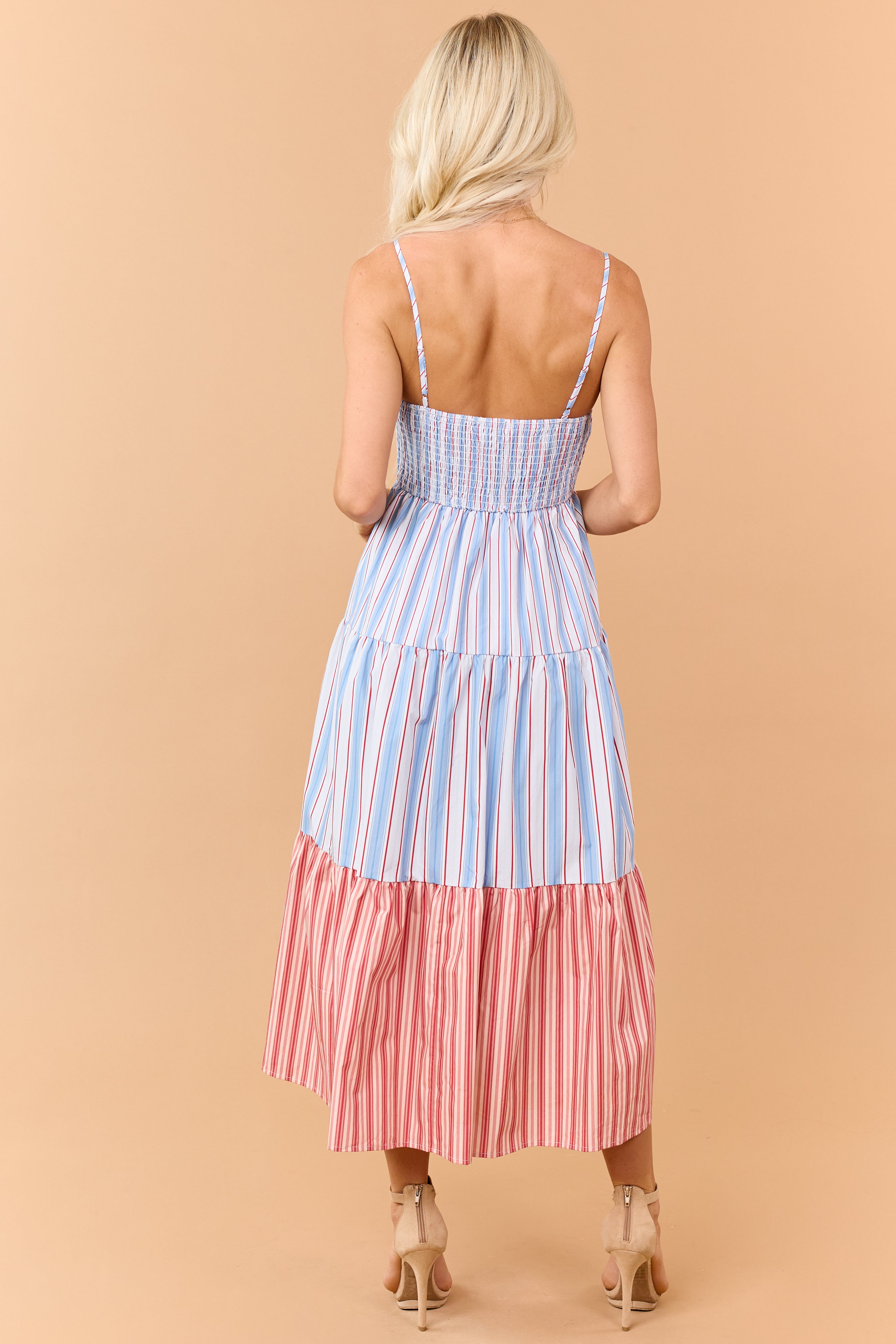 Dusty Blue Contrast Striped V Neck Cotton Midi Dress