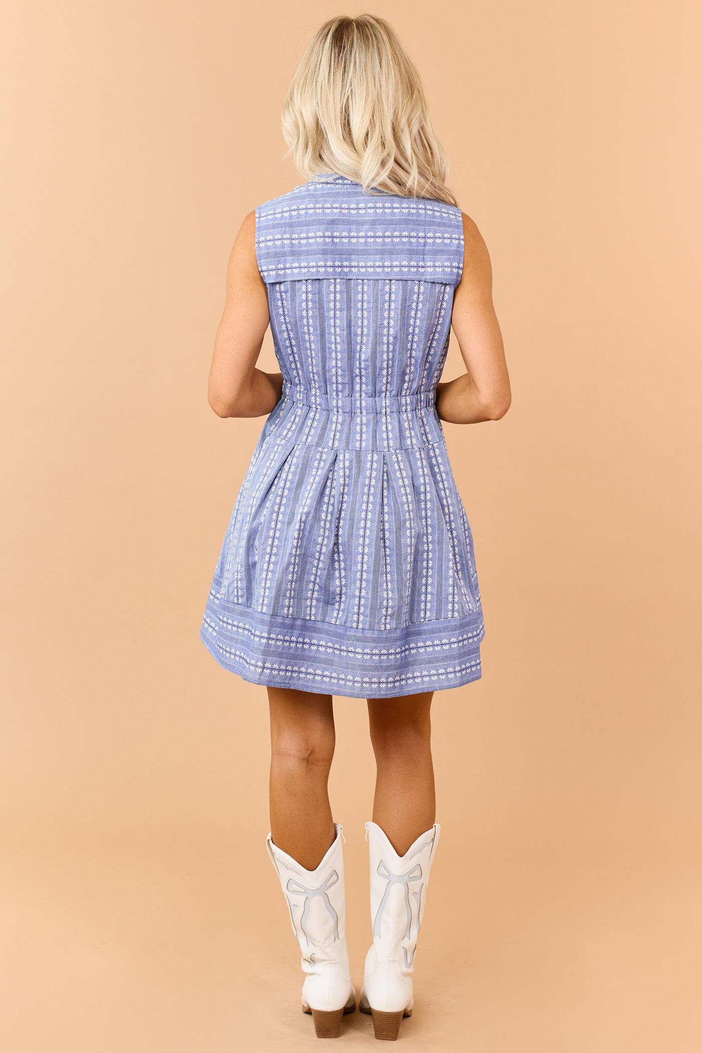 Dusty Blue Floral Cotton Fit and Flare Mini Dress