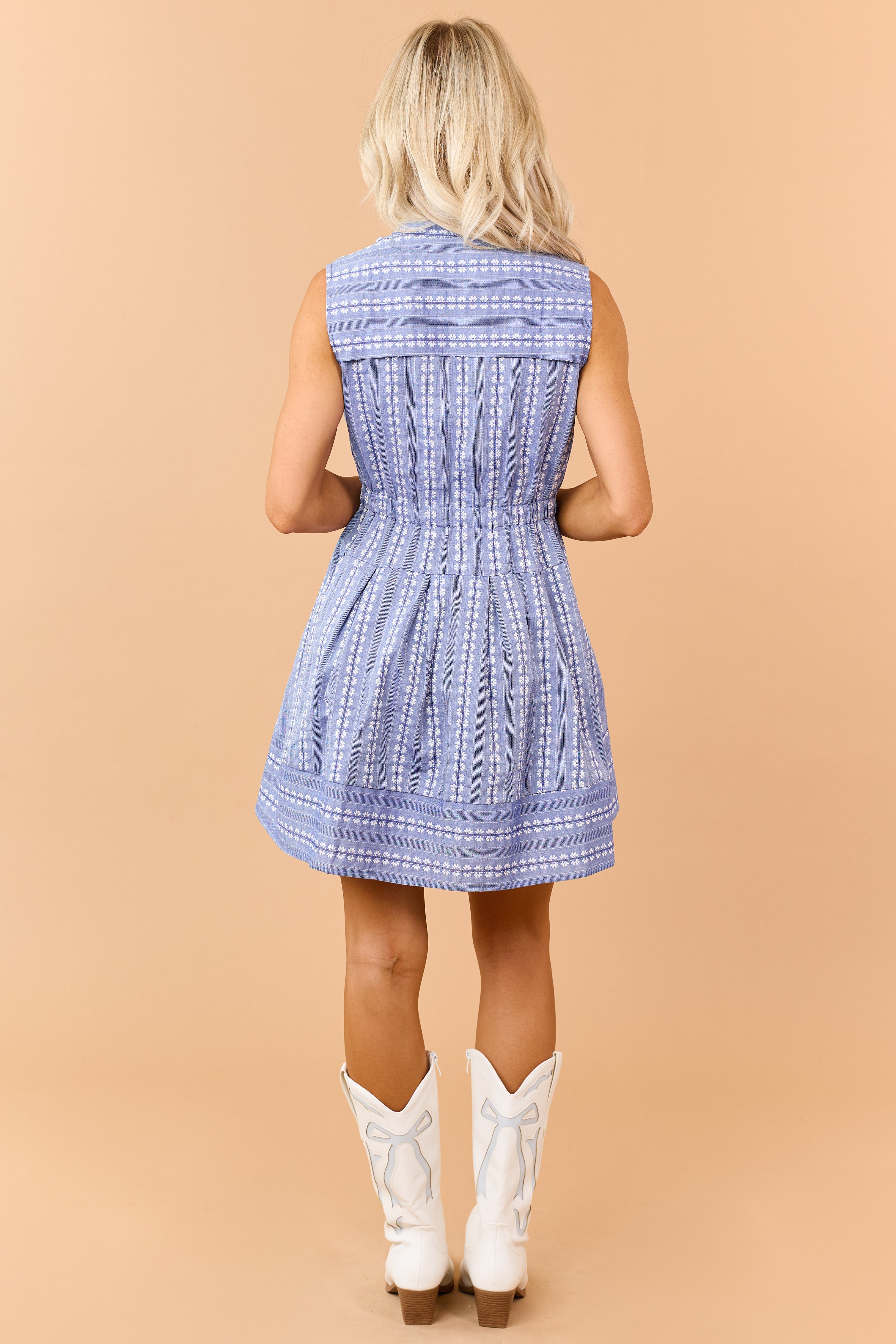 Dusty Blue Floral Cotton Fit and Flare Mini Dress