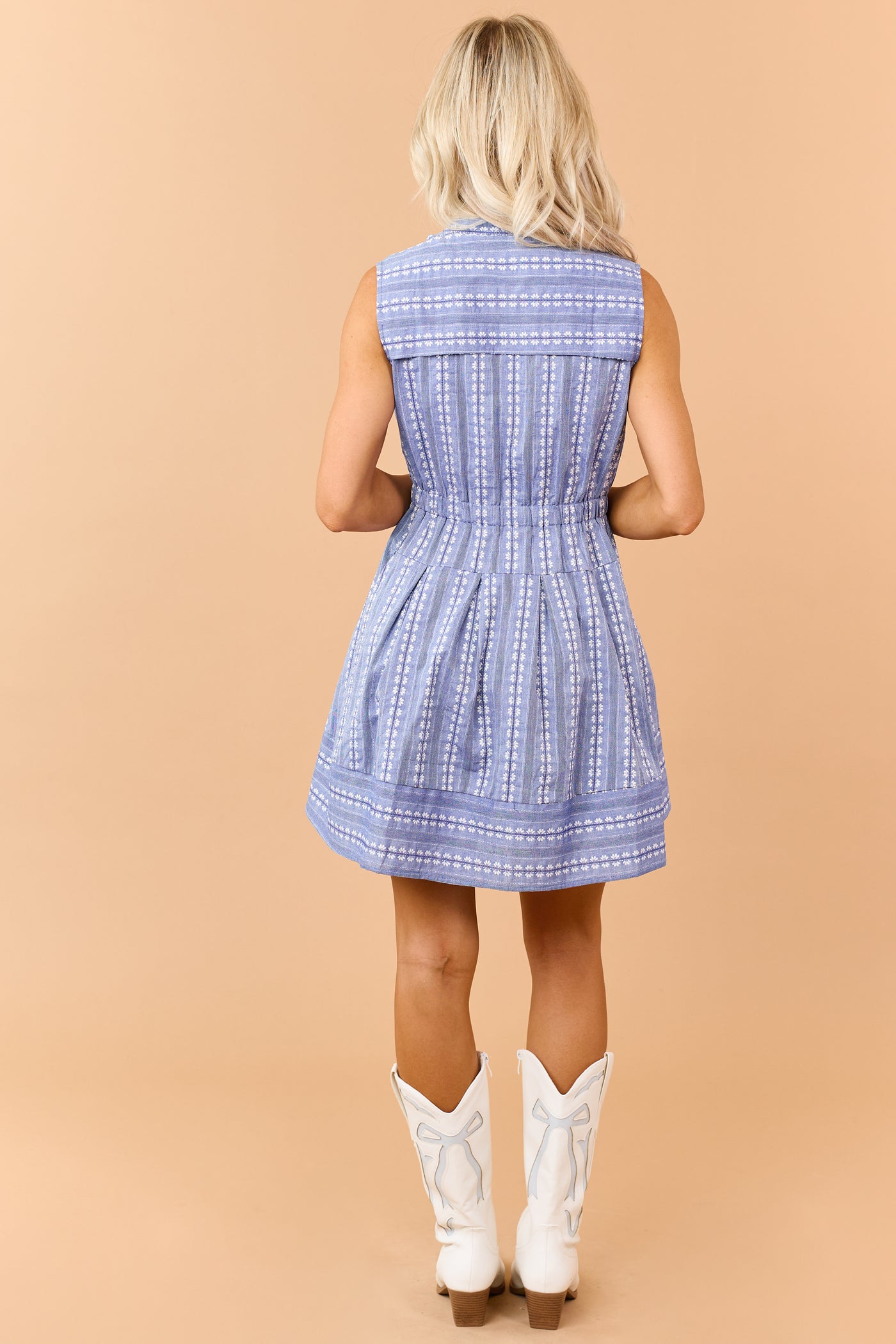 Dusty Blue Floral Cotton Fit and Flare Mini Dress