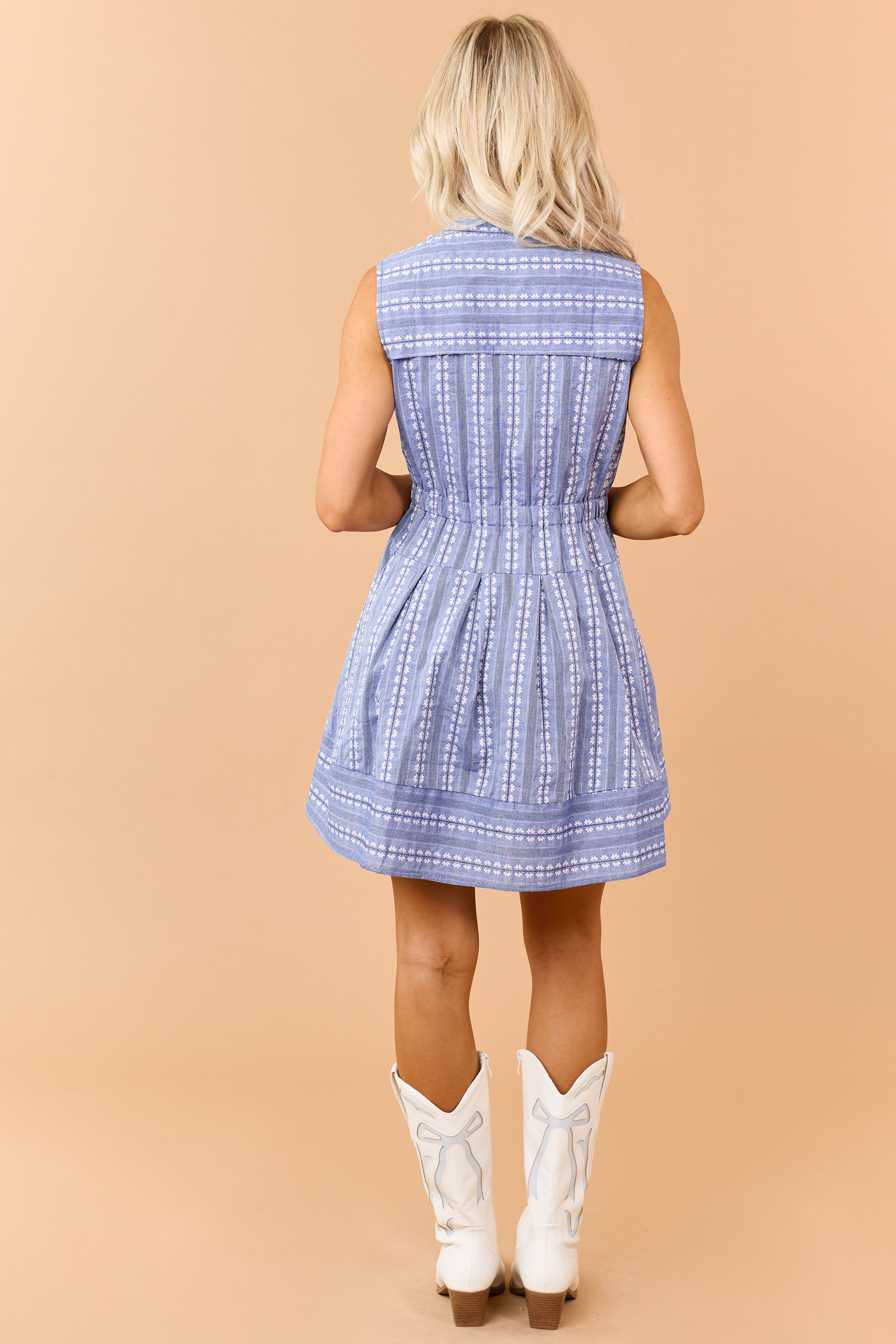 Dusty Blue Floral Cotton Fit and Flare Mini Dress