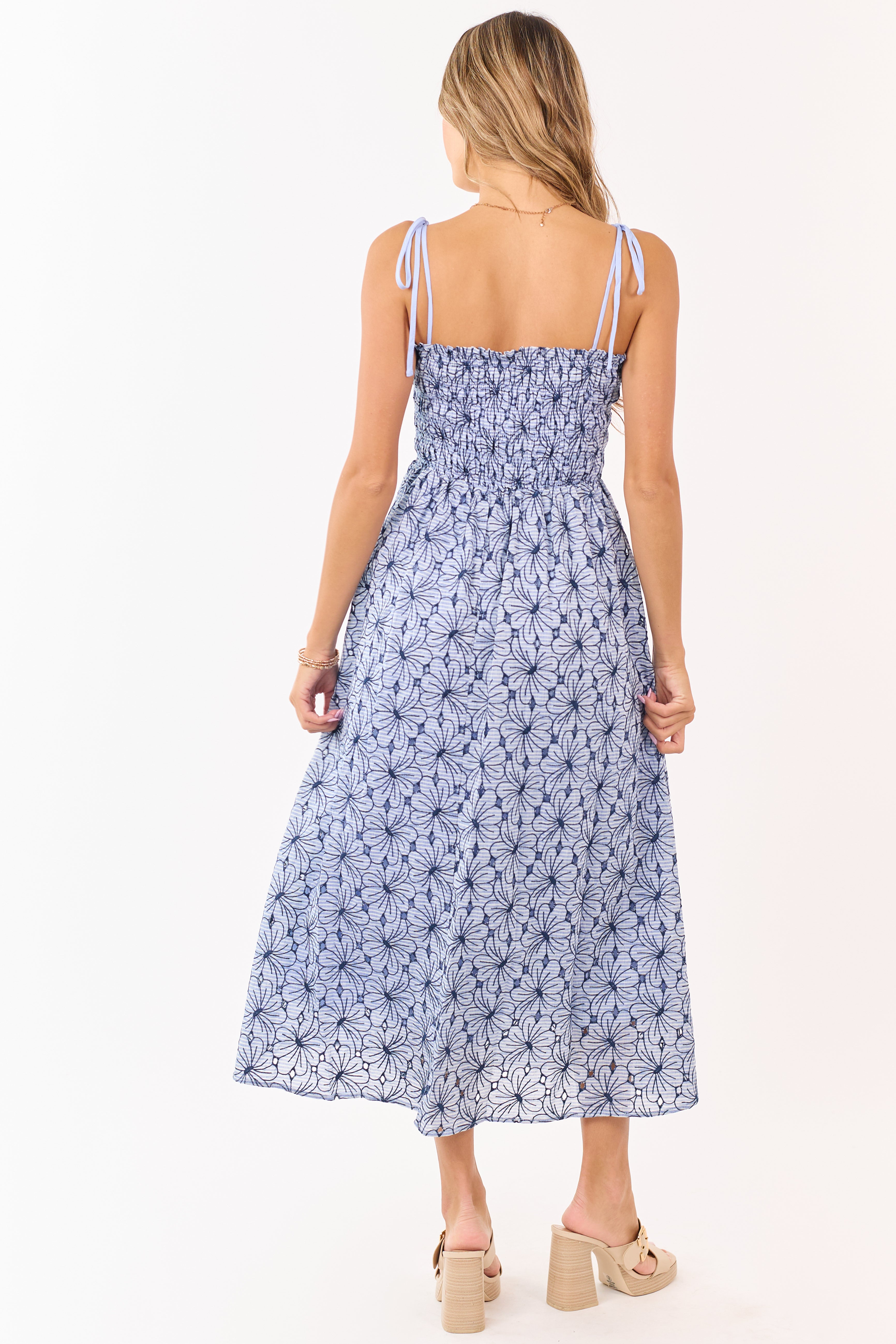Dusty Blue Floral Cotton Smocked Maxi Dress