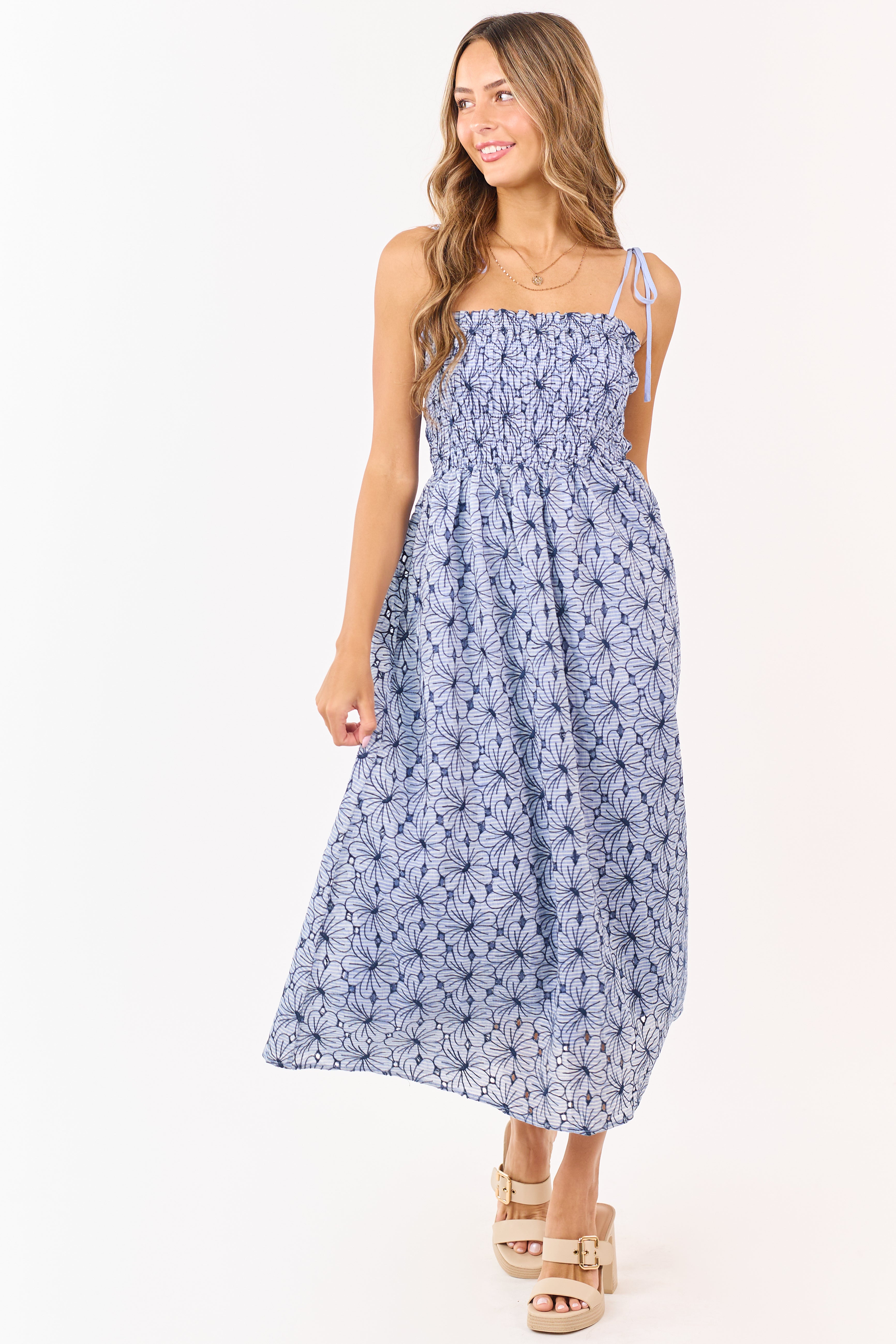 Dusty Blue Floral Cotton Smocked Maxi Dress
