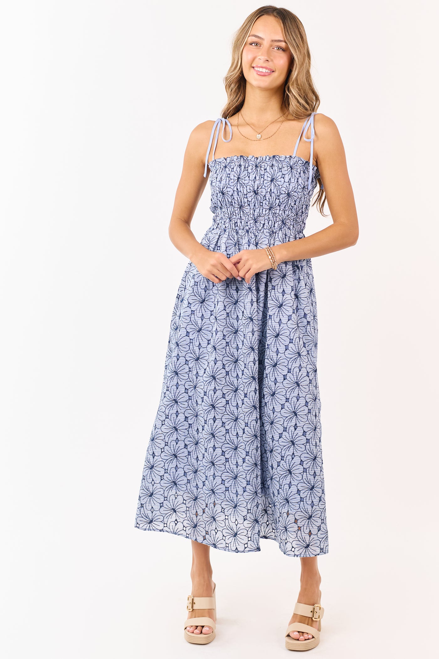 Dusty Blue Floral Cotton Smocked Maxi Dress