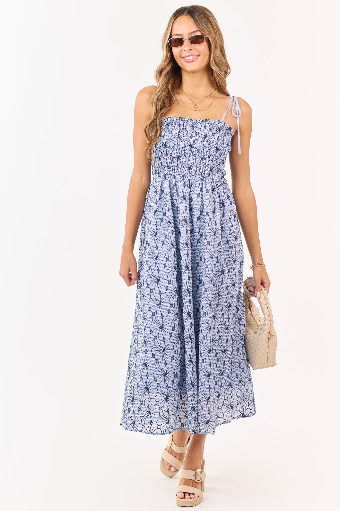 Dusty Blue Floral Cotton Smocked Maxi Dress